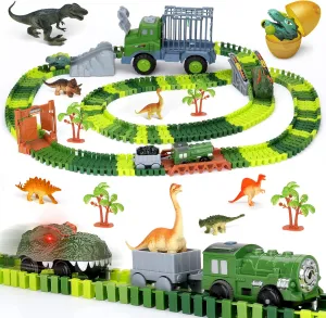 𝗙𝗜𝗢𝗡𝗣𝗛𝗘𝗢 Dinosaur Toy Track for Kids 3-5, Flexible Race Track with Dino Figures 5 Years Old Race Car Track Dinosaur World Train Rail Road Gift for Boy Girl 4 5 6 7 8 Year Old