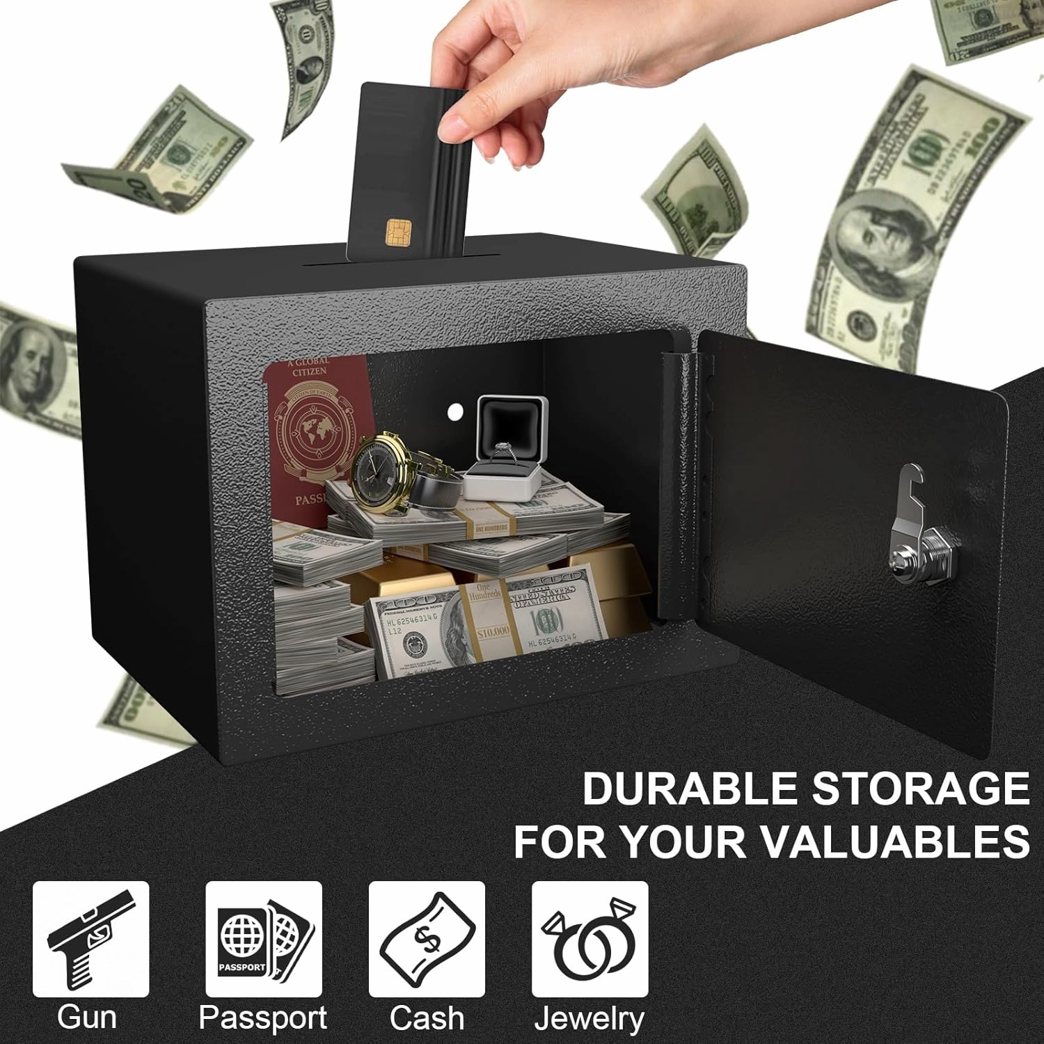 0.23 Cubic Money Safe for Cash, Black Personal Safety Box, Safe with Key, Steel Security Safes, Money Storage for Home, Fire Proof SafeBox, Small Safes for Cash Jewelry