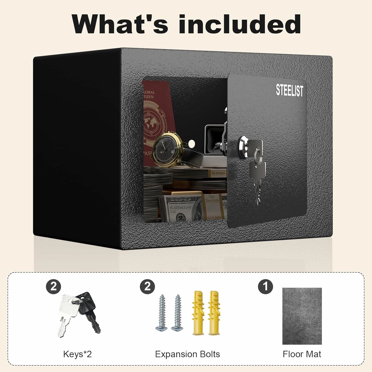 0.23 Cubic Money Safe for Cash, Black Personal Safety Box, Safe with Key, Steel Security Safes, Money Storage for Home, Fire Proof SafeBox, Small Safes for Cash Jewelry