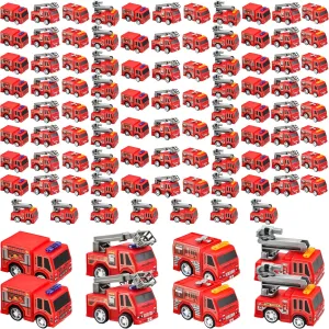 100 Pcs Mini Pullback Fire Truck Toy Small Pull Back Firetrucks Toy Bulk Plastic Fire and Emergency Toy Trucks Set for Kids Fireman Party Favors, 4 Styles