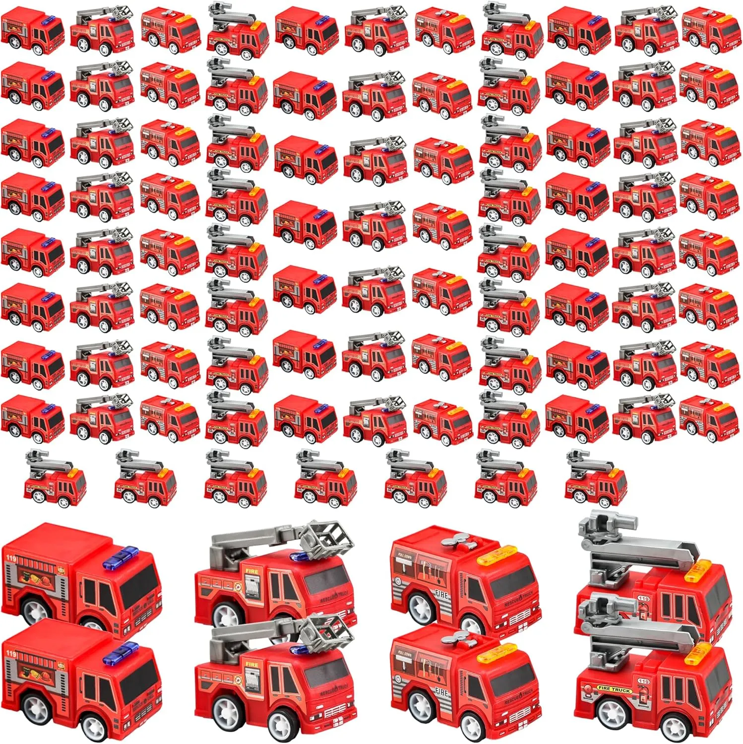 100 Pcs Mini Pullback Fire Truck Toy Small Pull Back Firetrucks Toy Bulk Plastic Fire and Emergency Toy Trucks Set for Kids Fireman Party Favors, 4 Styles