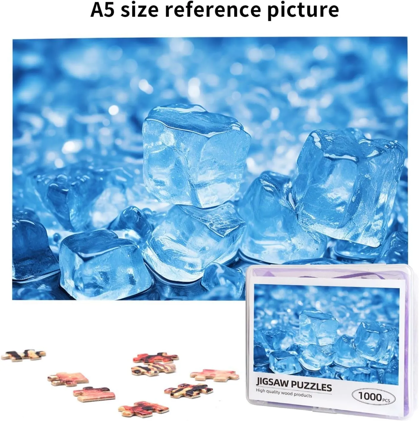 1000 Piece Jigsaw Puzzle for Adults Personalized Picture Puzzle Blue ice Cube Background Customized Wooden Puzzle for Family, Birthday, Wedding, Game Nights Gifts, 29.5"x19.7"