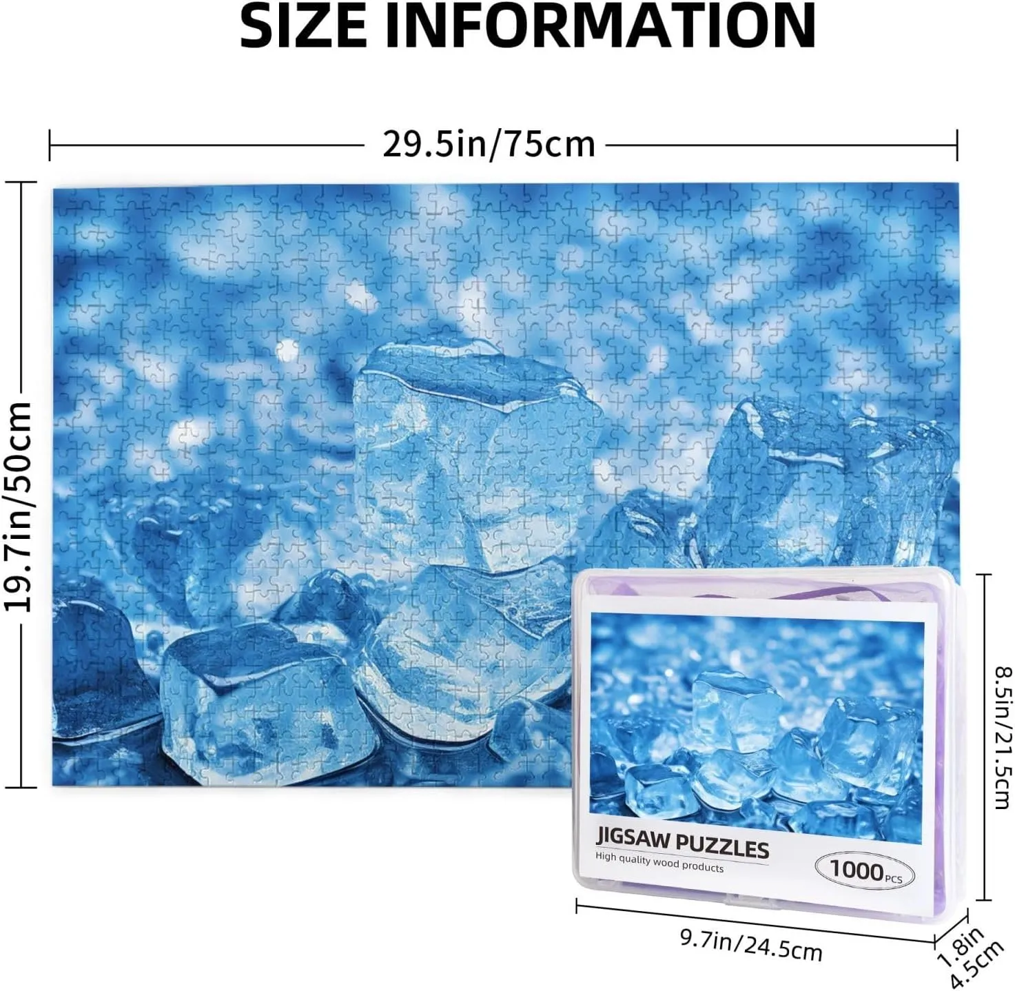 1000 Piece Jigsaw Puzzle for Adults Personalized Picture Puzzle Blue ice Cube Background Customized Wooden Puzzle for Family, Birthday, Wedding, Game Nights Gifts, 29.5"x19.7"