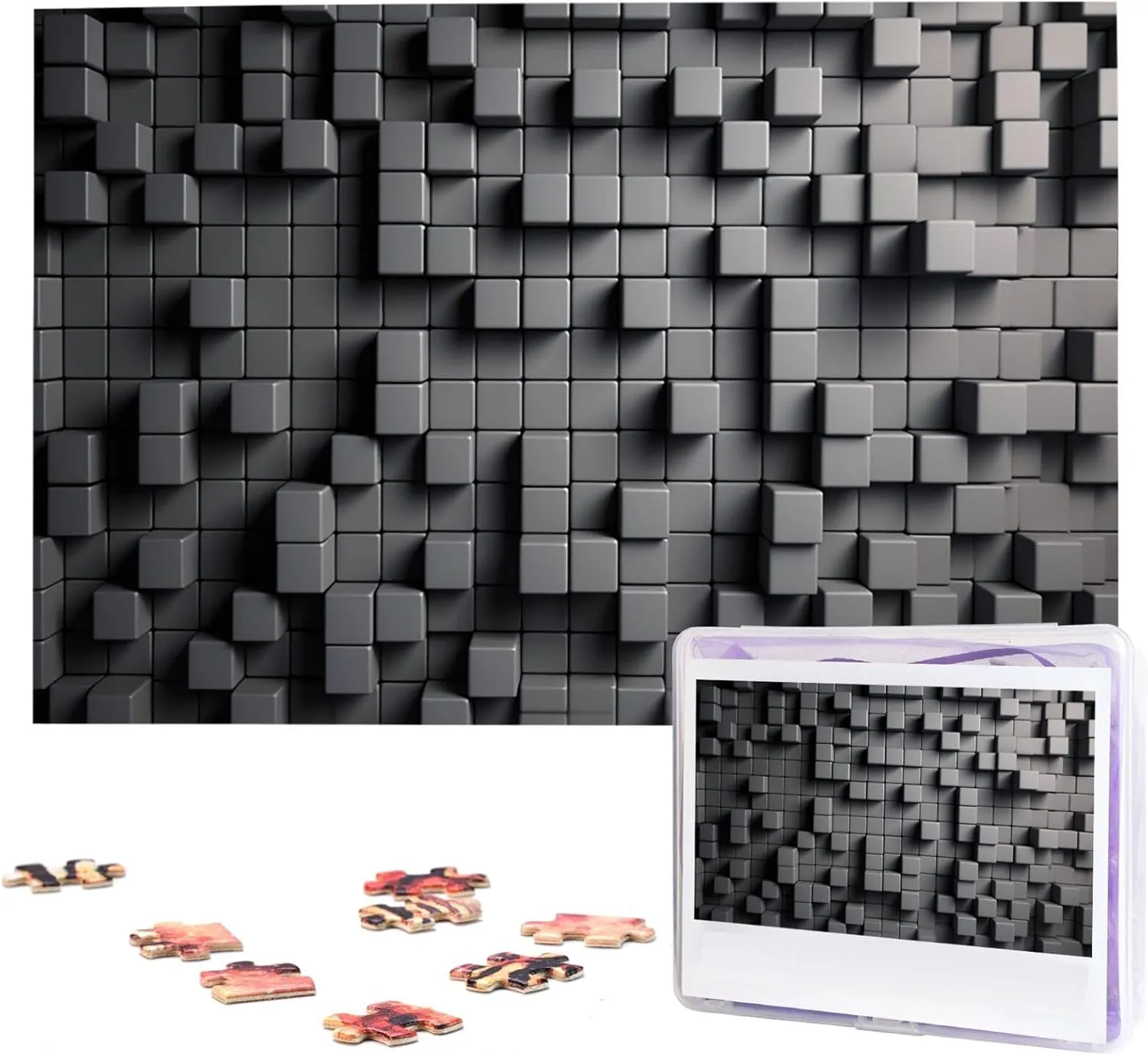 1000 Piece Jigsaw Puzzles for Adults Challenging Puzzle Wooden Picture Puzzle Personalized Custom Gray Cube Wood Puzzle for Family Game Nights Gifts 29.5x19.7 inches Puzzle