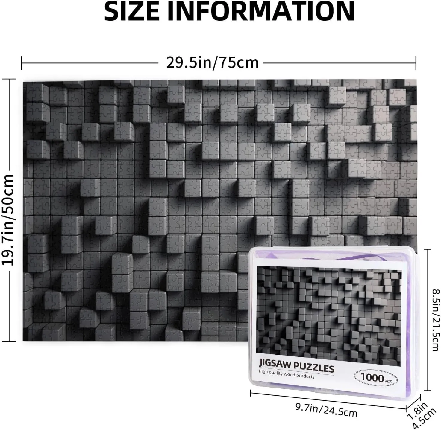 1000 Piece Jigsaw Puzzles for Adults Challenging Puzzle Wooden Picture Puzzle Personalized Custom Gray Cube Wood Puzzle for Family Game Nights Gifts 29.5x19.7 inches Puzzle