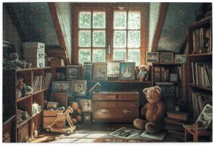 1000 Piece Nostalgic Attic Puzzle for Adults – Cozy Childhood Memory Room with Teddy Bears and Vintage Photos