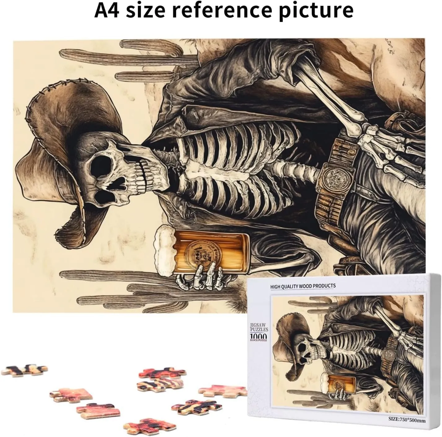 1000 Piece Wooden Puzzle for Adults,The Skeletons in The Desert Drink Alcohol,Brain Training Challenge,Stress Relief Activity,Unique Artwork for Adults,Eco-Friendly Woodens Pieces