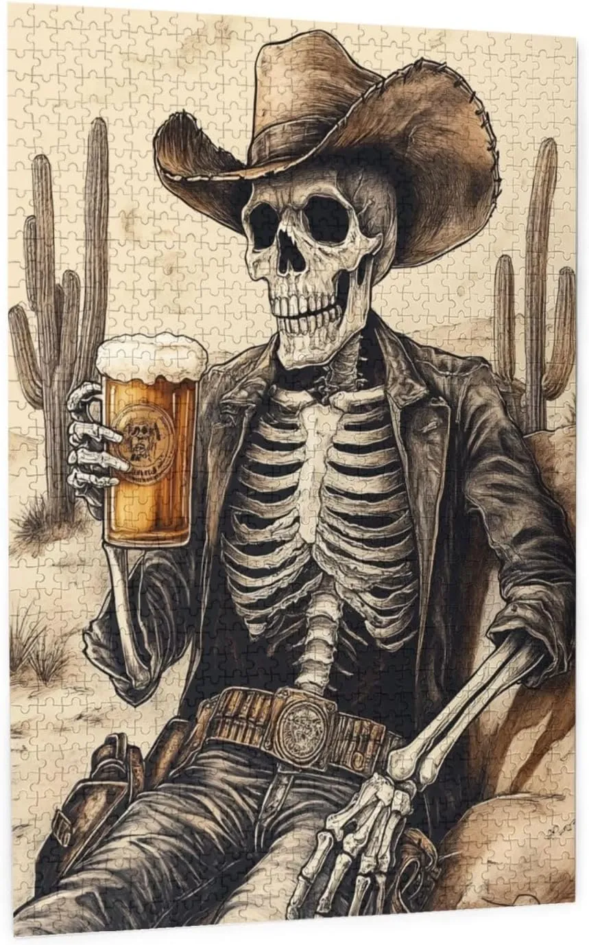 1000 Piece Wooden Puzzle for Adults,The Skeletons in The Desert Drink Alcohol,Brain Training Challenge,Stress Relief Activity,Unique Artwork for Adults,Eco-Friendly Woodens Pieces