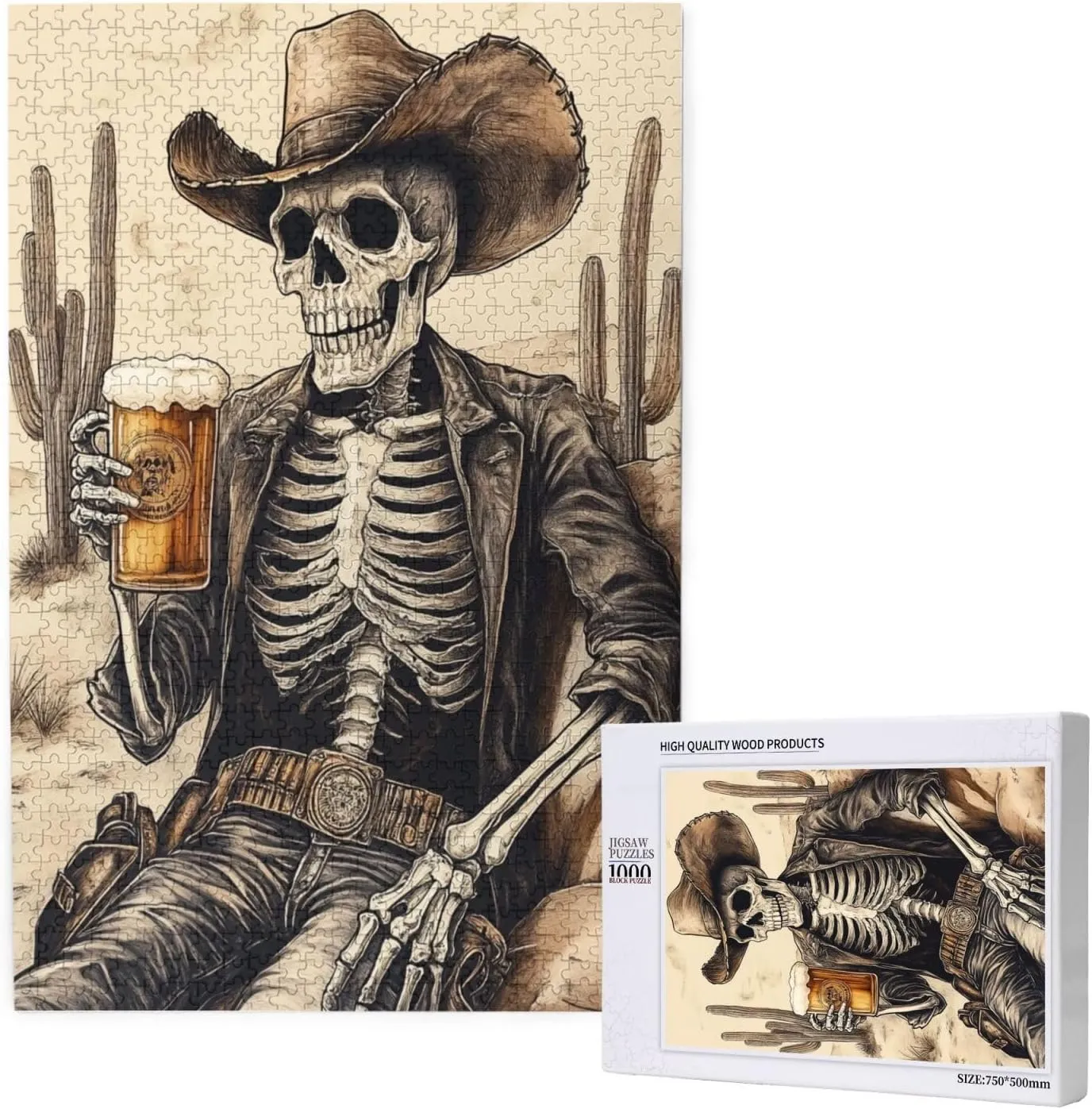 1000 Piece Wooden Puzzle for Adults,The Skeletons in The Desert Drink Alcohol,Brain Training Challenge,Stress Relief Activity,Unique Artwork for Adults,Eco-Friendly Woodens Pieces