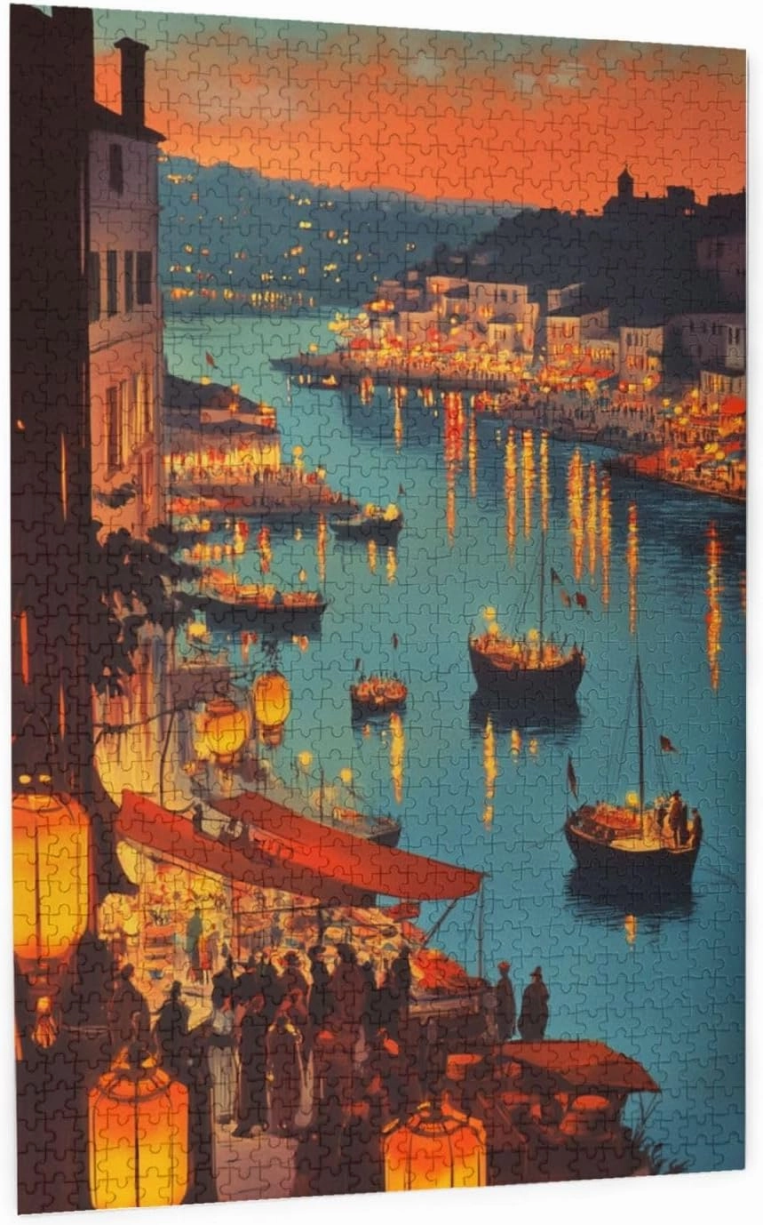 1000 Piece Wooden Jigsaw for Adults,Urban Waterway Sailing Puzzle，Challenging City River & Boat Landscape Art，Pieces Fit Together Perfectly,Enjoy Solving Process,Gifts fro Friends