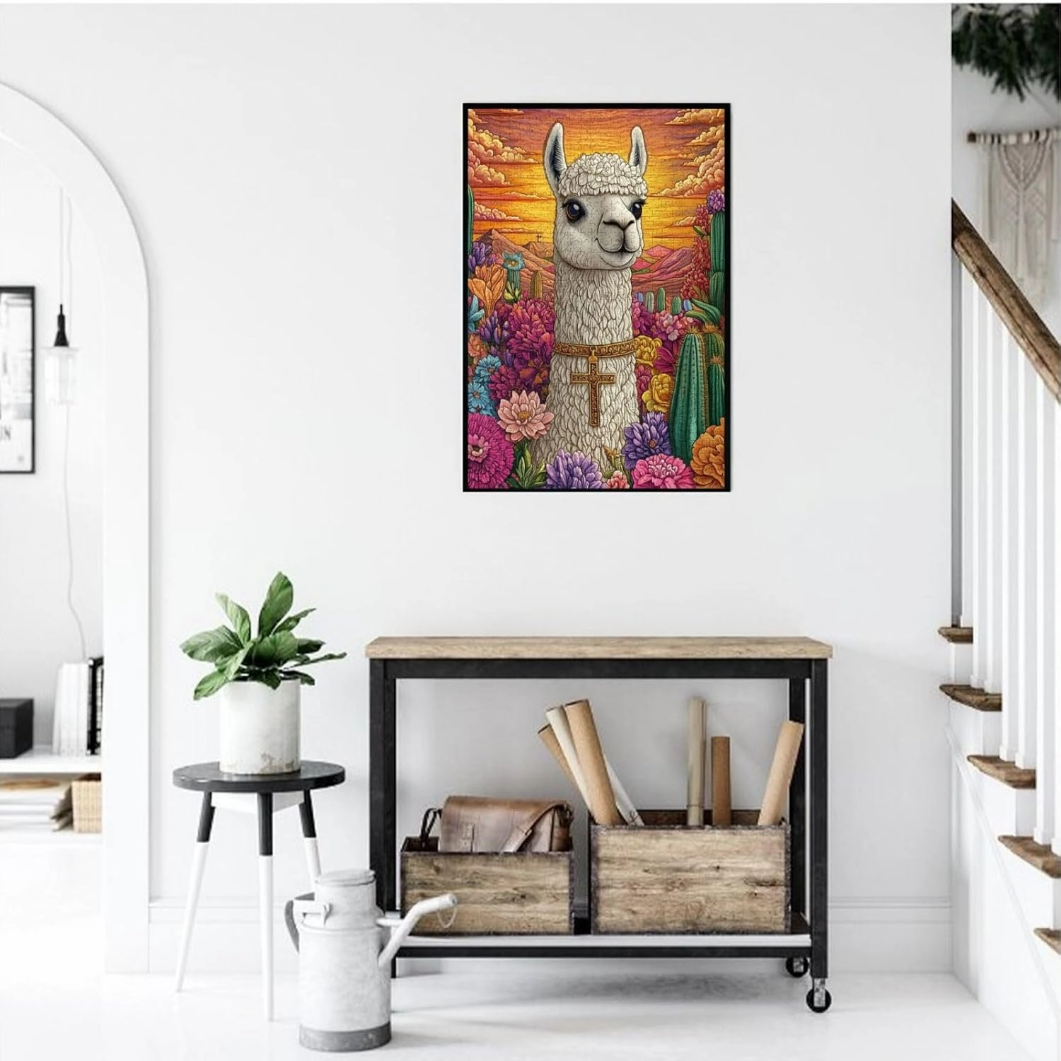 1000 Piece Wooden Puzzle for Adults,an Alpaca Wearing A Cross Among The Desert Cacti,Brain Training Challenge,Stress Relief Activity,Spiritual Wilderness Artwork,Eco-Friendly Pieces