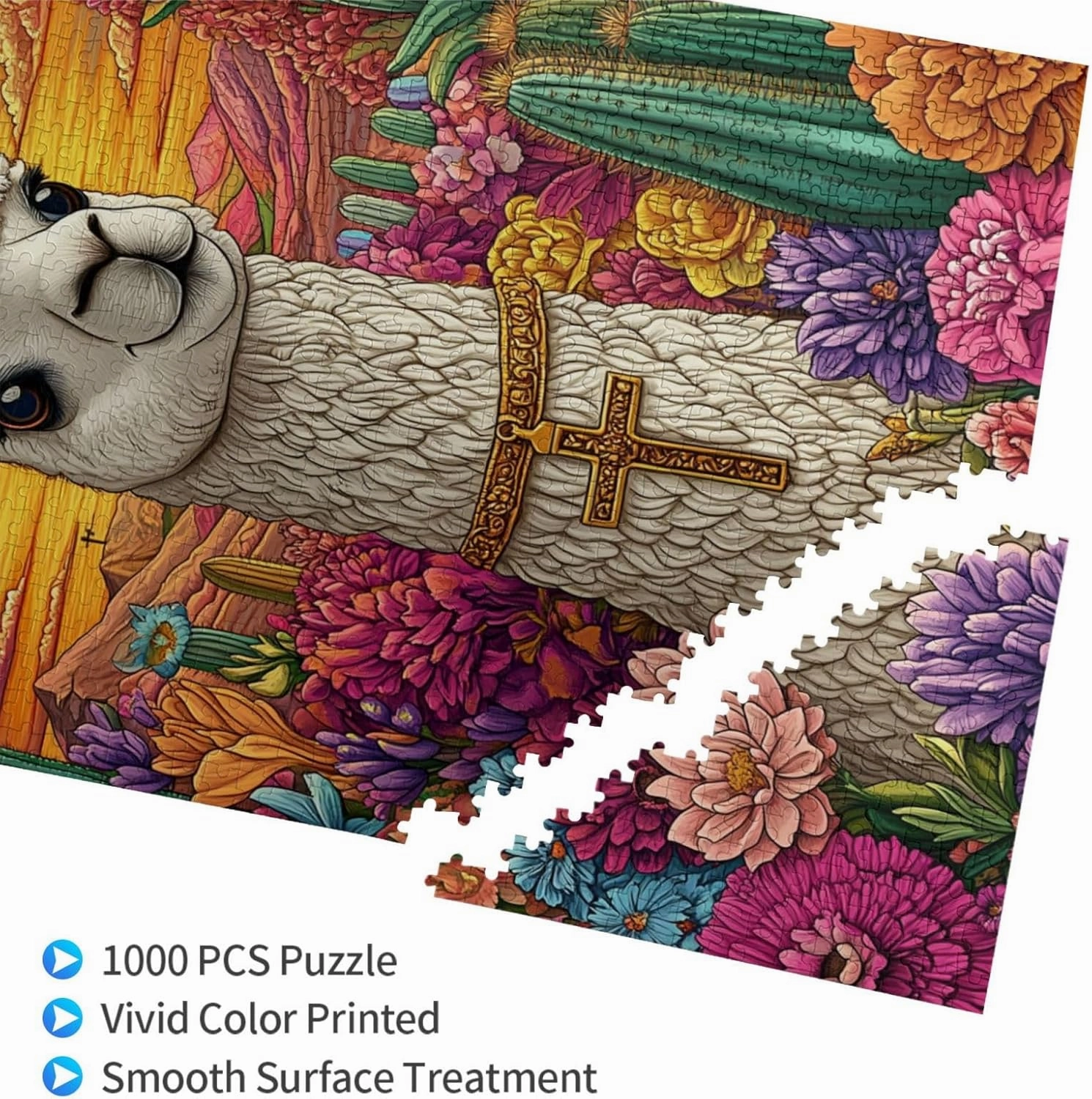 1000 Piece Wooden Puzzle for Adults,an Alpaca Wearing A Cross Among The Desert Cacti,Brain Training Challenge,Stress Relief Activity,Spiritual Wilderness Artwork,Eco-Friendly Pieces