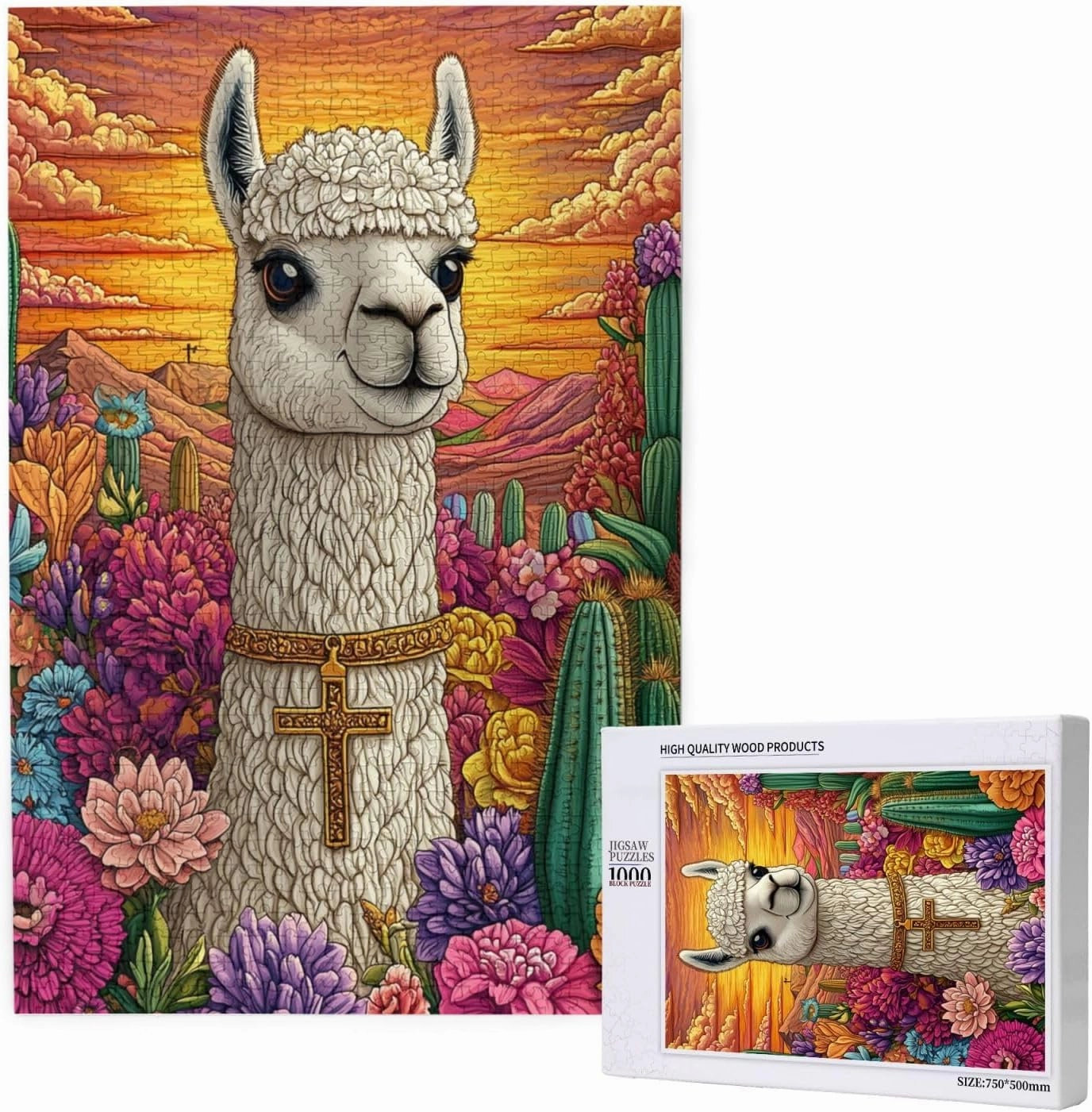1000 Piece Wooden Puzzle for Adults,an Alpaca Wearing A Cross Among The Desert Cacti,Brain Training Challenge,Stress Relief Activity,Spiritual Wilderness Artwork,Eco-Friendly Pieces