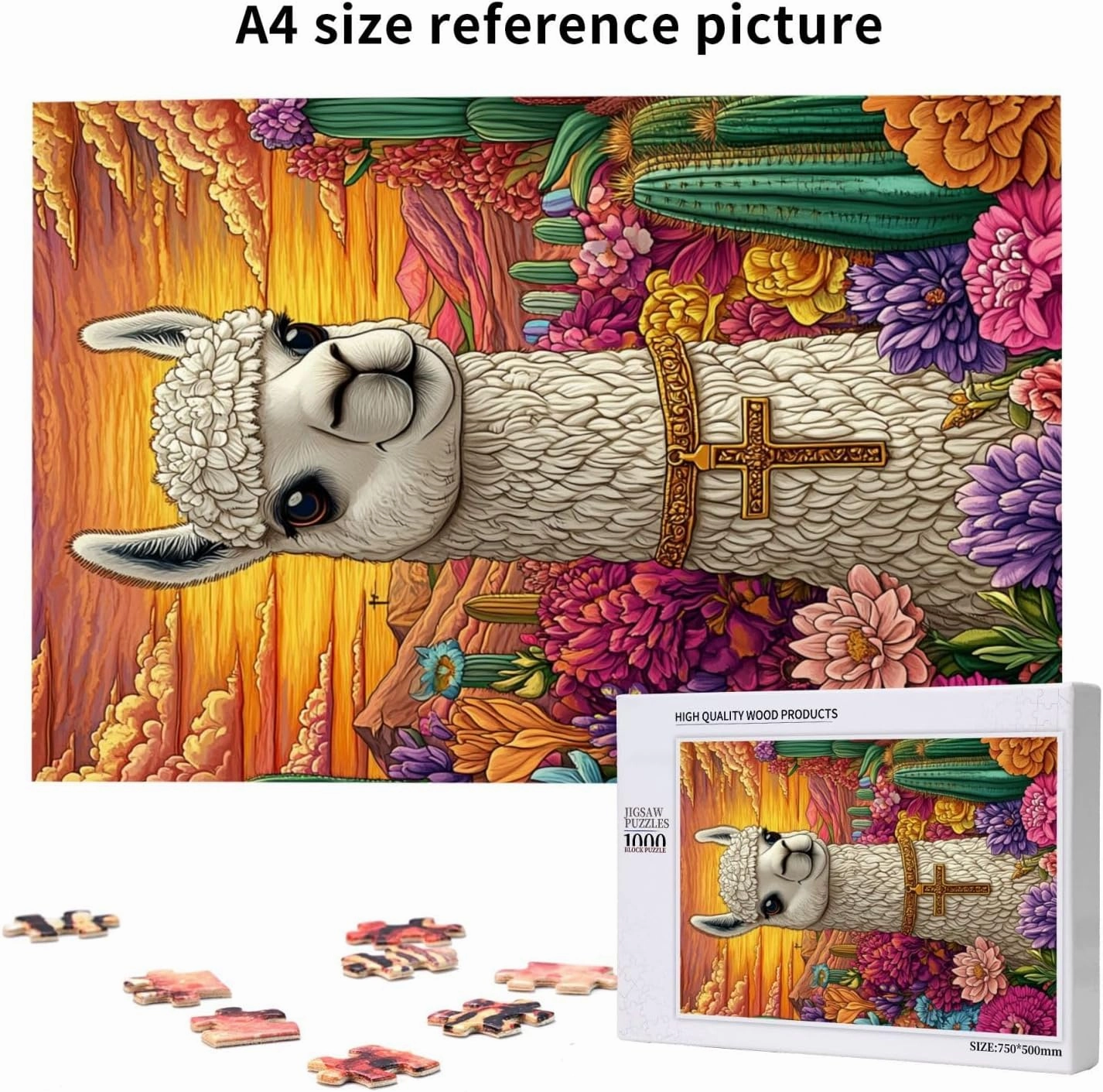 1000 Piece Wooden Puzzle for Adults,an Alpaca Wearing A Cross Among The Desert Cacti,Brain Training Challenge,Stress Relief Activity,Spiritual Wilderness Artwork,Eco-Friendly Pieces
