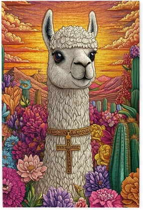 1000 Piece Wooden Puzzle for Adults,an Alpaca Wearing A Cross Among The Desert Cacti,Brain Training Challenge,Stress Relief Activity,Spiritual Wilderness Artwork,Eco-Friendly Pieces