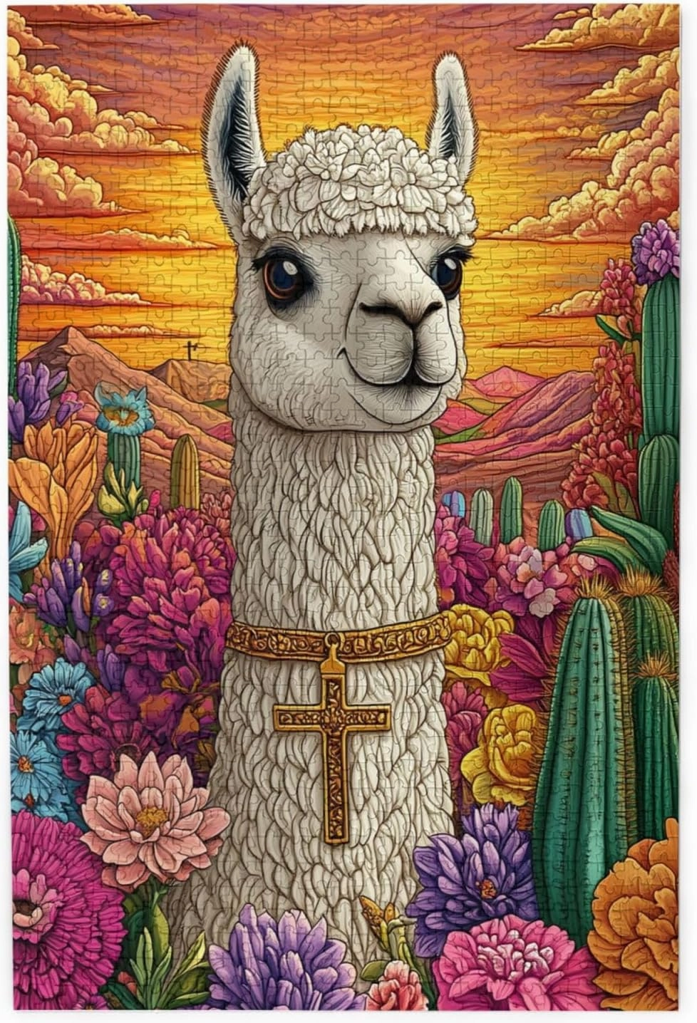 1000 Piece Wooden Puzzle for Adults,an Alpaca Wearing A Cross Among The Desert Cacti,Brain Training Challenge,Stress Relief Activity,Spiritual Wilderness Artwork,Eco-Friendly Pieces