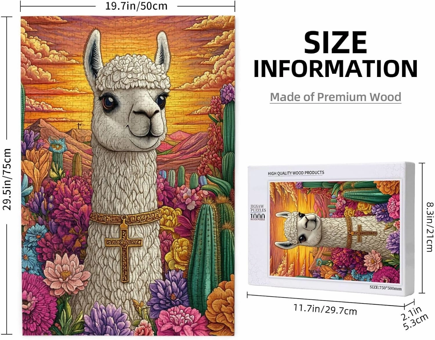 1000 Piece Wooden Puzzle for Adults,an Alpaca Wearing A Cross Among The Desert Cacti,Brain Training Challenge,Stress Relief Activity,Spiritual Wilderness Artwork,Eco-Friendly Pieces
