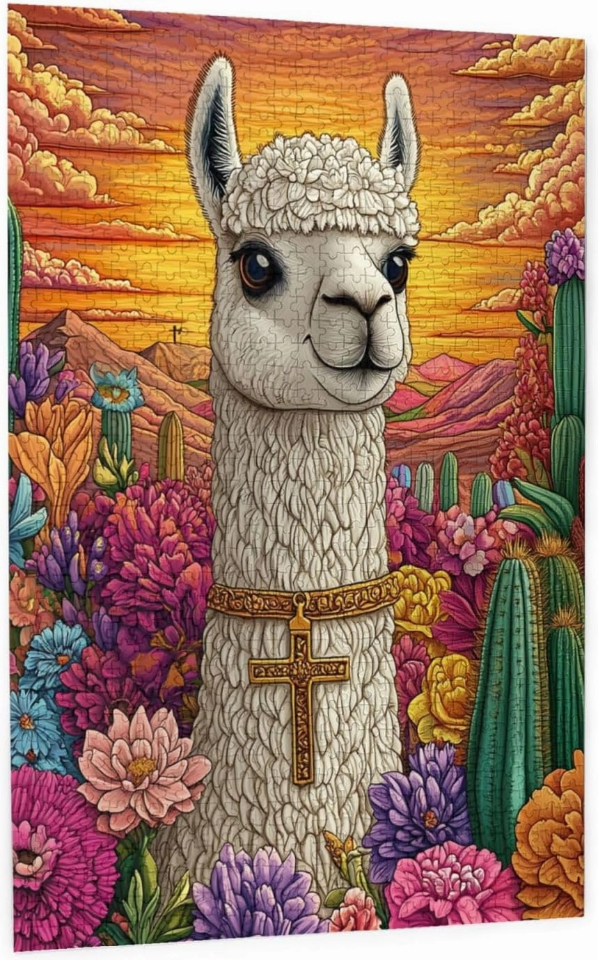 1000 Piece Wooden Puzzle for Adults,an Alpaca Wearing A Cross Among The Desert Cacti,Brain Training Challenge,Stress Relief Activity,Spiritual Wilderness Artwork,Eco-Friendly Pieces