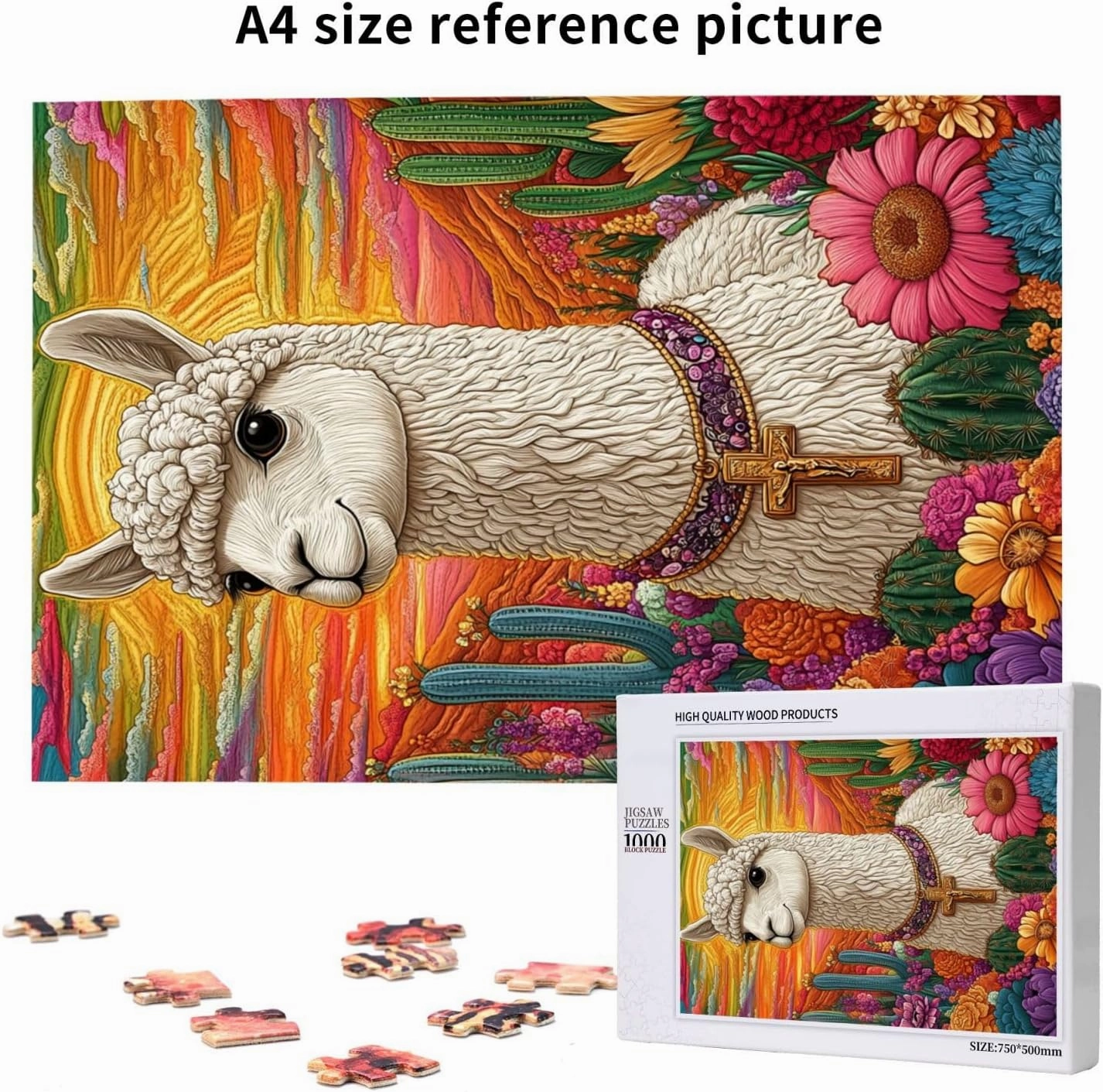 1000 Piece Wooden Puzzle for Adults,an Alpaca Wearing A Cross Among The Desert Cacti,Spiritual Wilderness Artwork,Brain Training Challenge,Stress Relief Activity,Eco-Friendly Pieces
