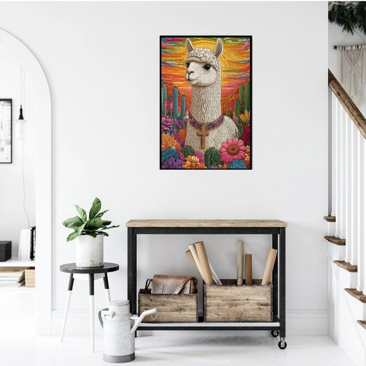 1000 Piece Wooden Puzzle for Adults,an Alpaca Wearing A Cross Among The Desert Cacti,Spiritual Wilderness Artwork,Brain Training Challenge,Stress Relief Activity,Eco-Friendly Pieces