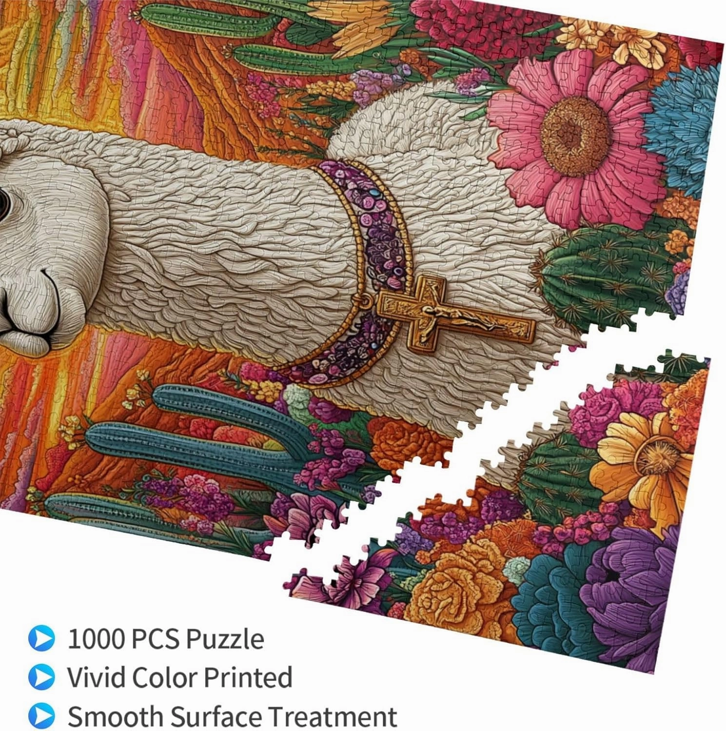 1000 Piece Wooden Puzzle for Adults,an Alpaca Wearing A Cross Among The Desert Cacti,Spiritual Wilderness Artwork,Brain Training Challenge,Stress Relief Activity,Eco-Friendly Pieces