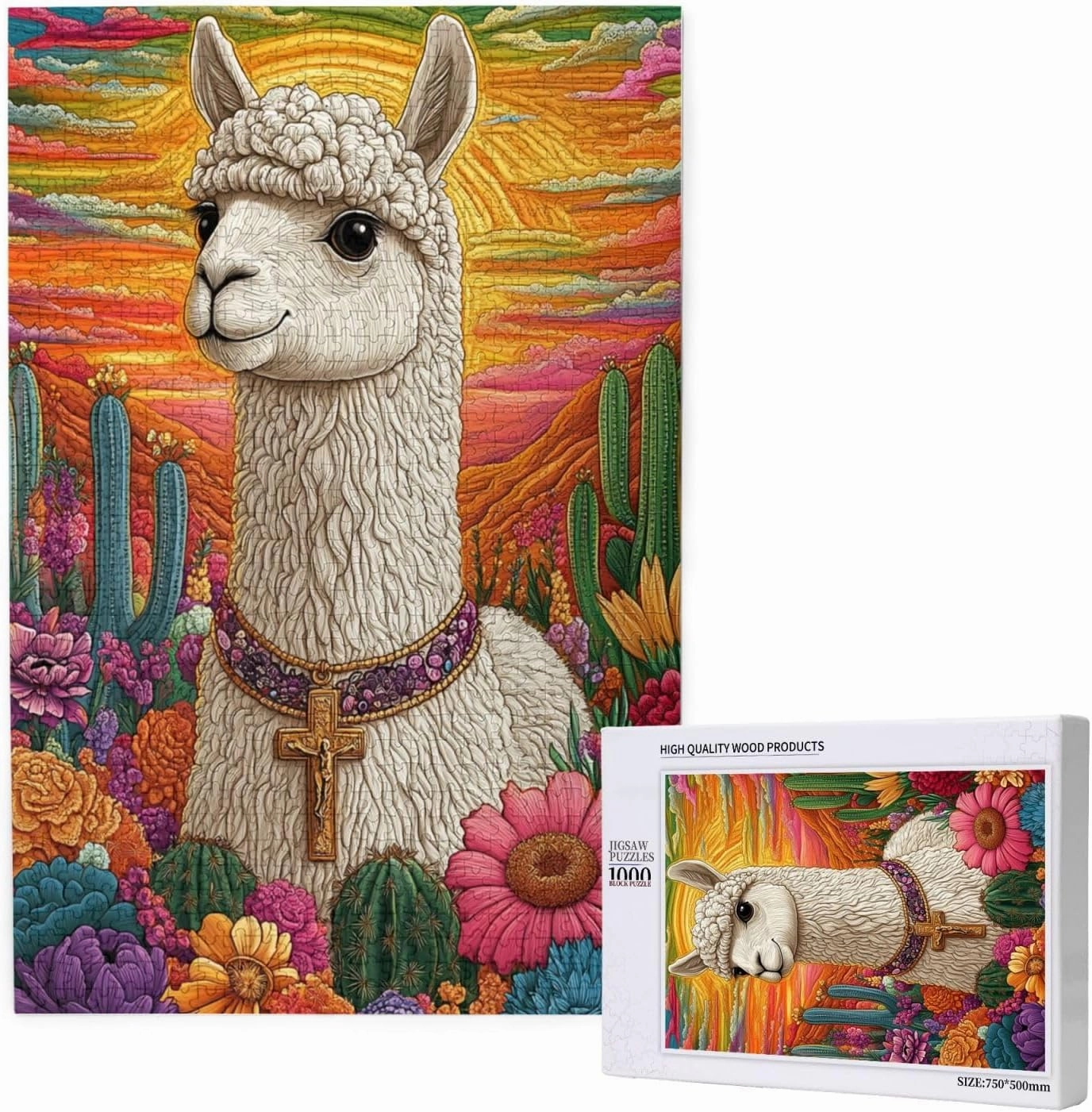 1000 Piece Wooden Puzzle for Adults,an Alpaca Wearing A Cross Among The Desert Cacti,Spiritual Wilderness Artwork,Brain Training Challenge,Stress Relief Activity,Eco-Friendly Pieces