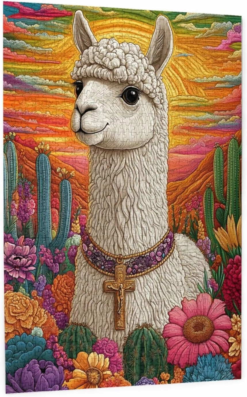1000 Piece Wooden Puzzle for Adults,an Alpaca Wearing A Cross Among The Desert Cacti,Spiritual Wilderness Artwork,Brain Training Challenge,Stress Relief Activity,Eco-Friendly Pieces