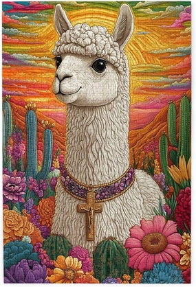 1000 Piece Wooden Puzzle for Adults,an Alpaca Wearing A Cross Among The Desert Cacti,Spiritual Wilderness Artwork,Brain Training Challenge,Stress Relief Activity,Eco-Friendly Pieces
