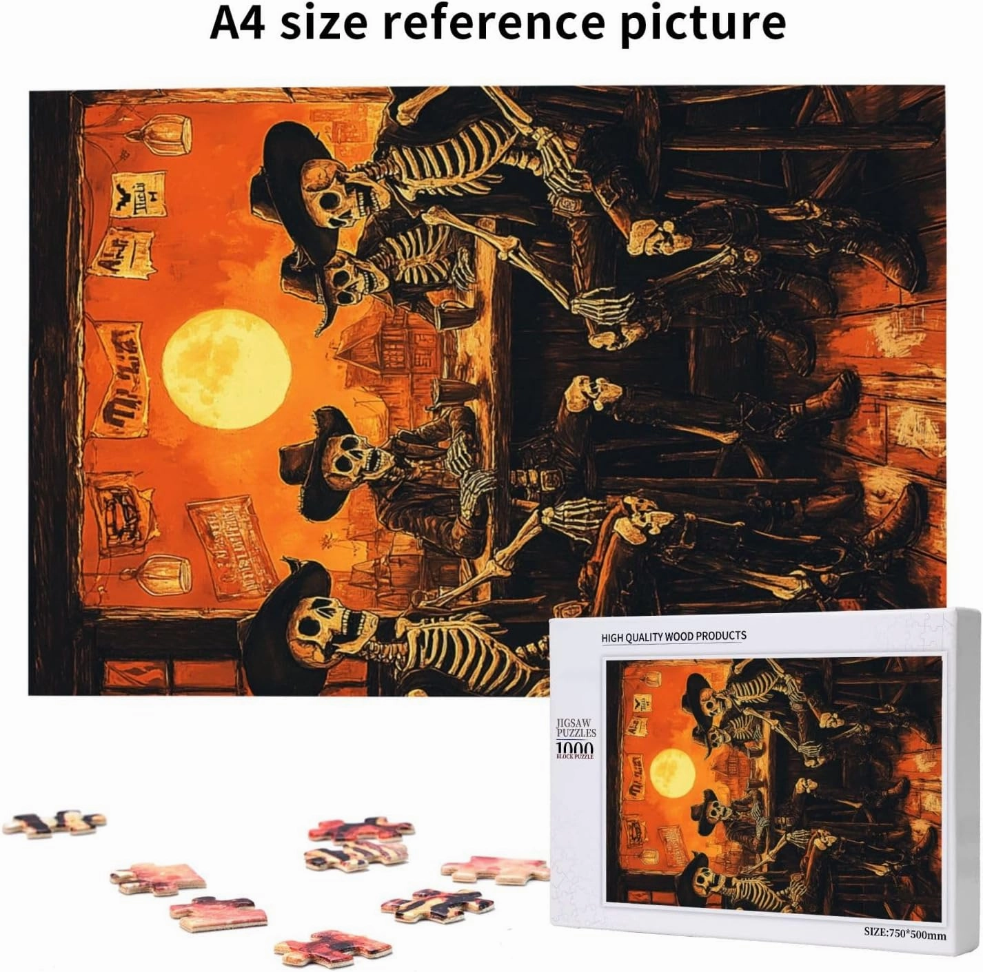 1000 Piece Wooden Puzzle for Adults,Skeletal Partying at Sunset Drinks Table,Macabre Desert Happy Hour Artwork,Brain Training Challenge,Stress Relief Activity,Eco-Friendly Pieces