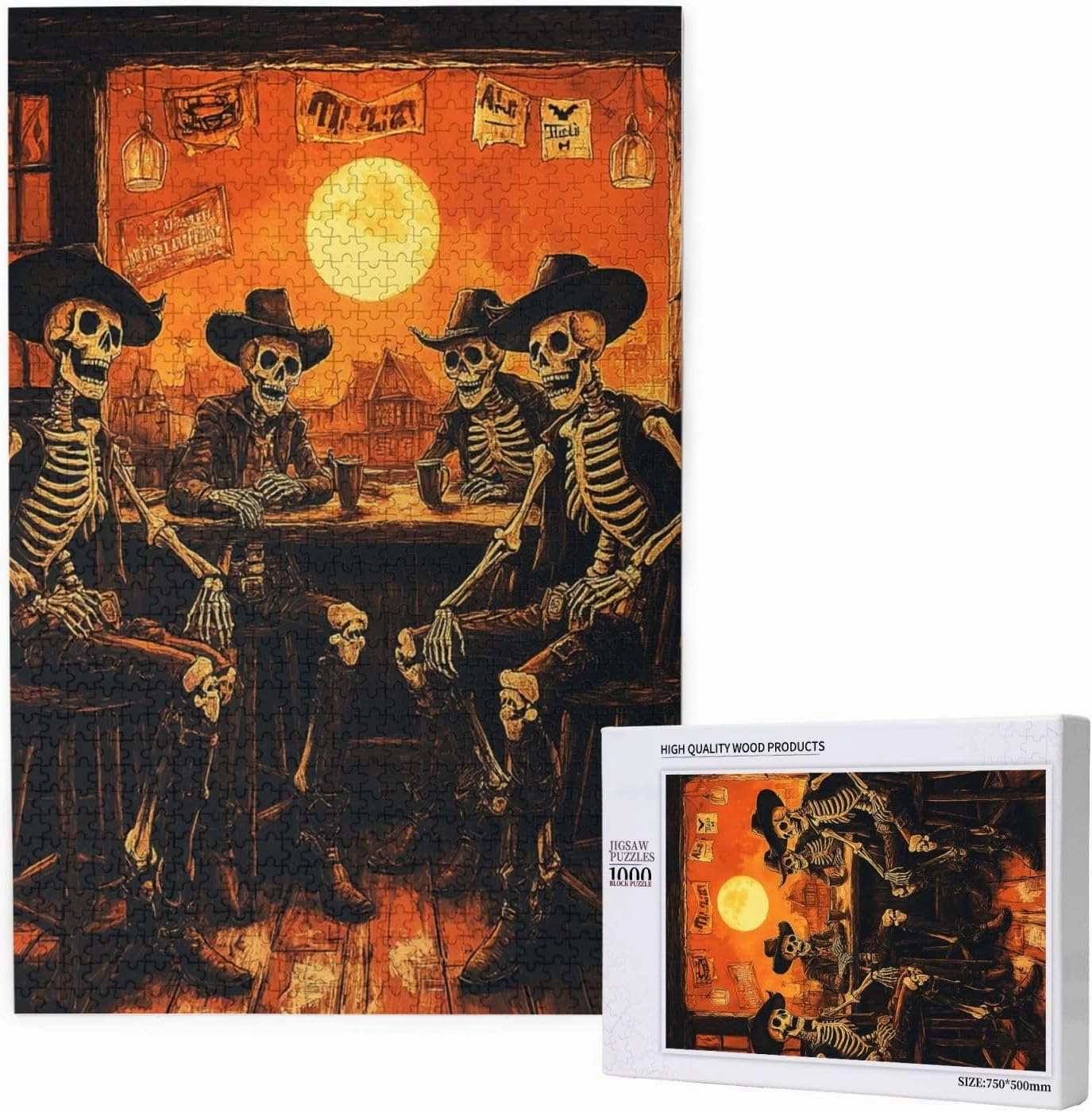 1000 Piece Wooden Puzzle for Adults,Skeletal Partying at Sunset Drinks Table,Macabre Desert Happy Hour Artwork,Brain Training Challenge,Stress Relief Activity,Eco-Friendly Pieces