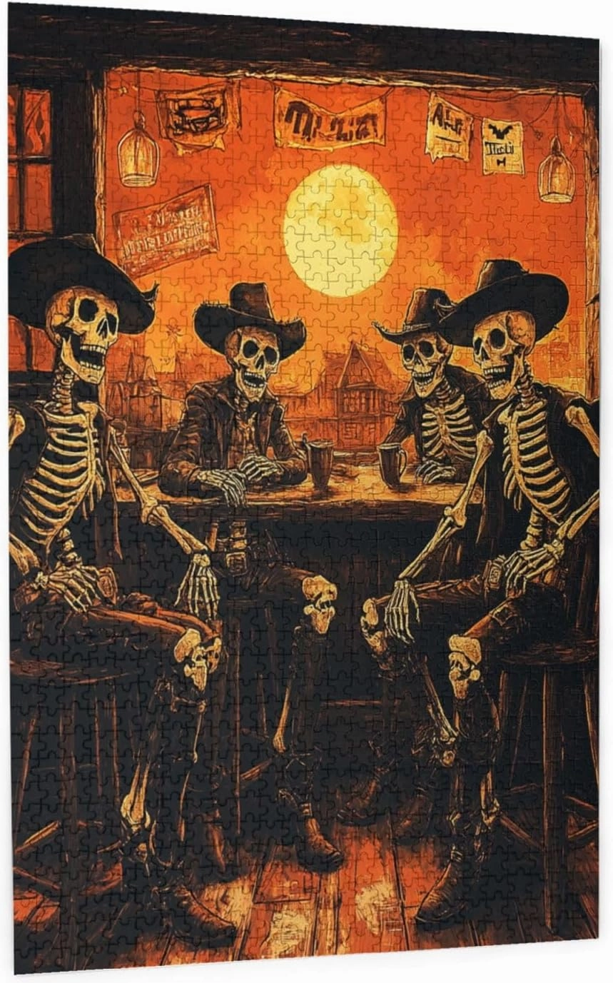1000 Piece Wooden Puzzle for Adults,Skeletal Partying at Sunset Drinks Table,Macabre Desert Happy Hour Artwork,Brain Training Challenge,Stress Relief Activity,Eco-Friendly Pieces