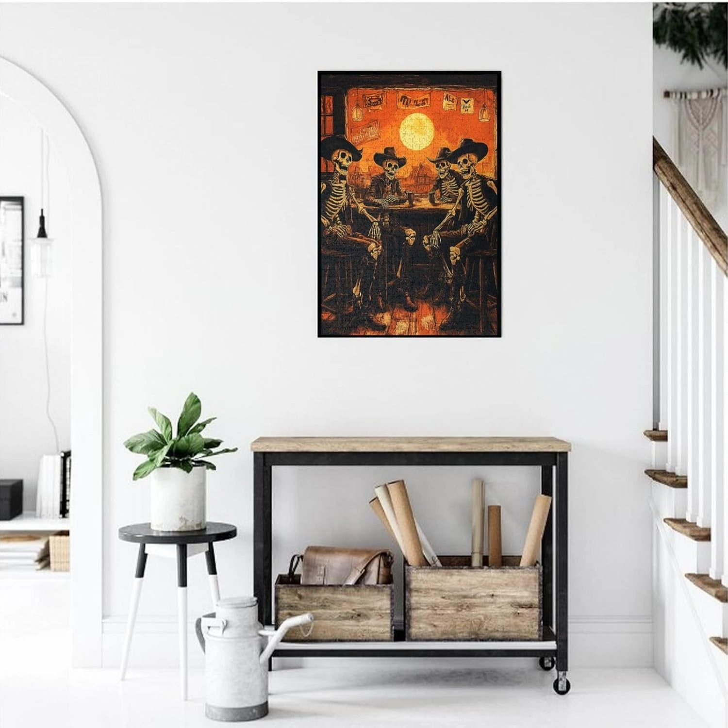 1000 Piece Wooden Puzzle for Adults,Skeletal Partying at Sunset Drinks Table,Macabre Desert Happy Hour Artwork,Brain Training Challenge,Stress Relief Activity,Eco-Friendly Pieces