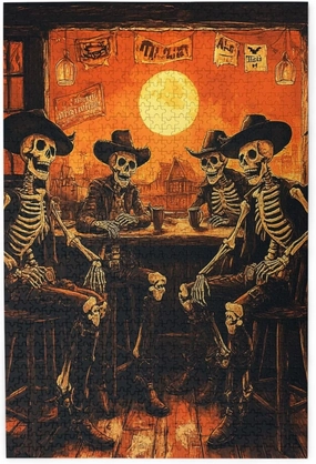 1000 Piece Wooden Puzzle for Adults,Skeletal Partying at Sunset Drinks Table,Macabre Desert Happy Hour Artwork,Brain Training Challenge,Stress Relief Activity,Eco-Friendly Pieces