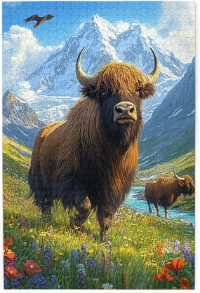 1000pcs Wooden Jigsaw Puzzle,Majestic Yak in Grassland,Stunningly Vibrant Colors,Rugged Stress Relief,Premium Cut,Ideal for Relaxation and Family Fun,Gifts for Family and Friends