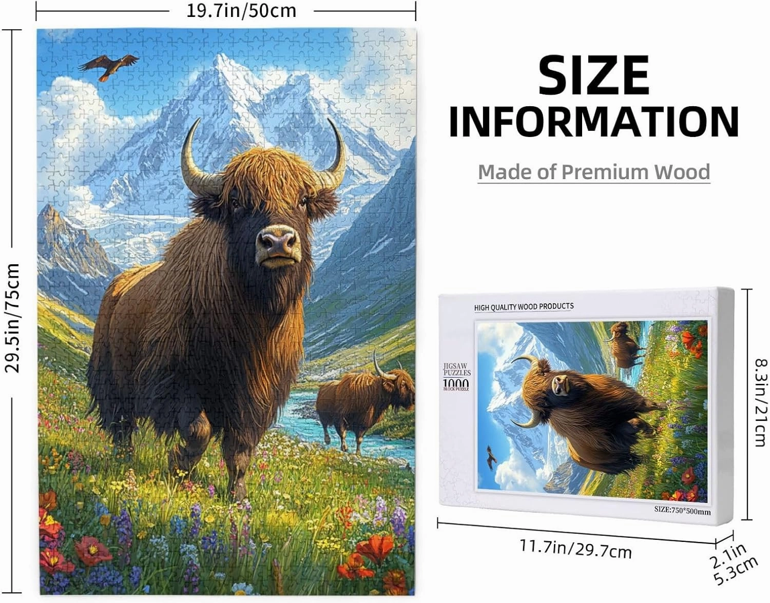 1000pcs Wooden Jigsaw Puzzle,Majestic Yak in Grassland,Stunningly Vibrant Colors,Rugged Stress Relief,Premium Cut,Ideal for Relaxation and Family Fun,Gifts for Family and Friends