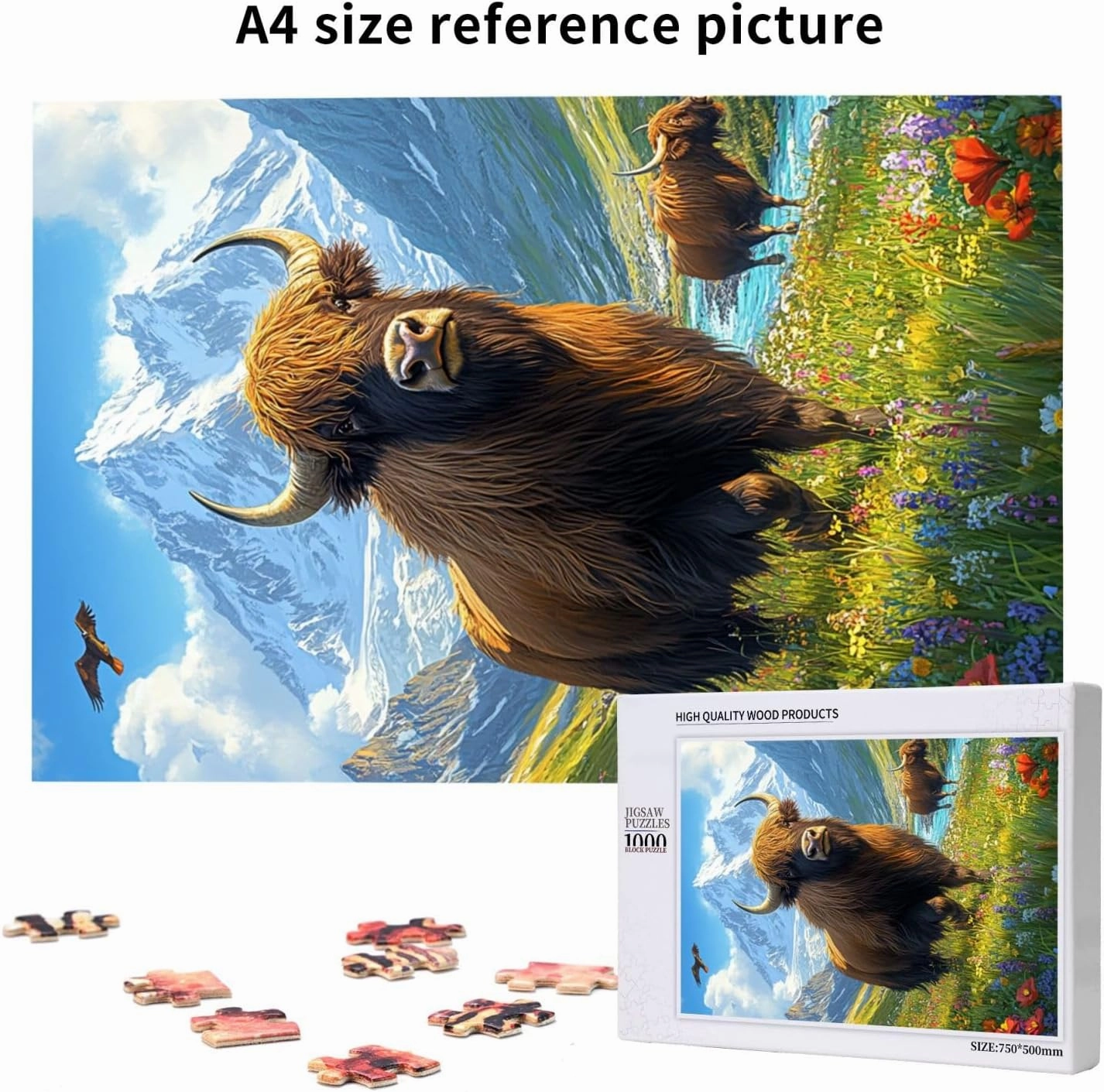 1000pcs Wooden Jigsaw Puzzle,Majestic Yak in Grassland,Stunningly Vibrant Colors,Rugged Stress Relief,Premium Cut,Ideal for Relaxation and Family Fun,Gifts for Family and Friends