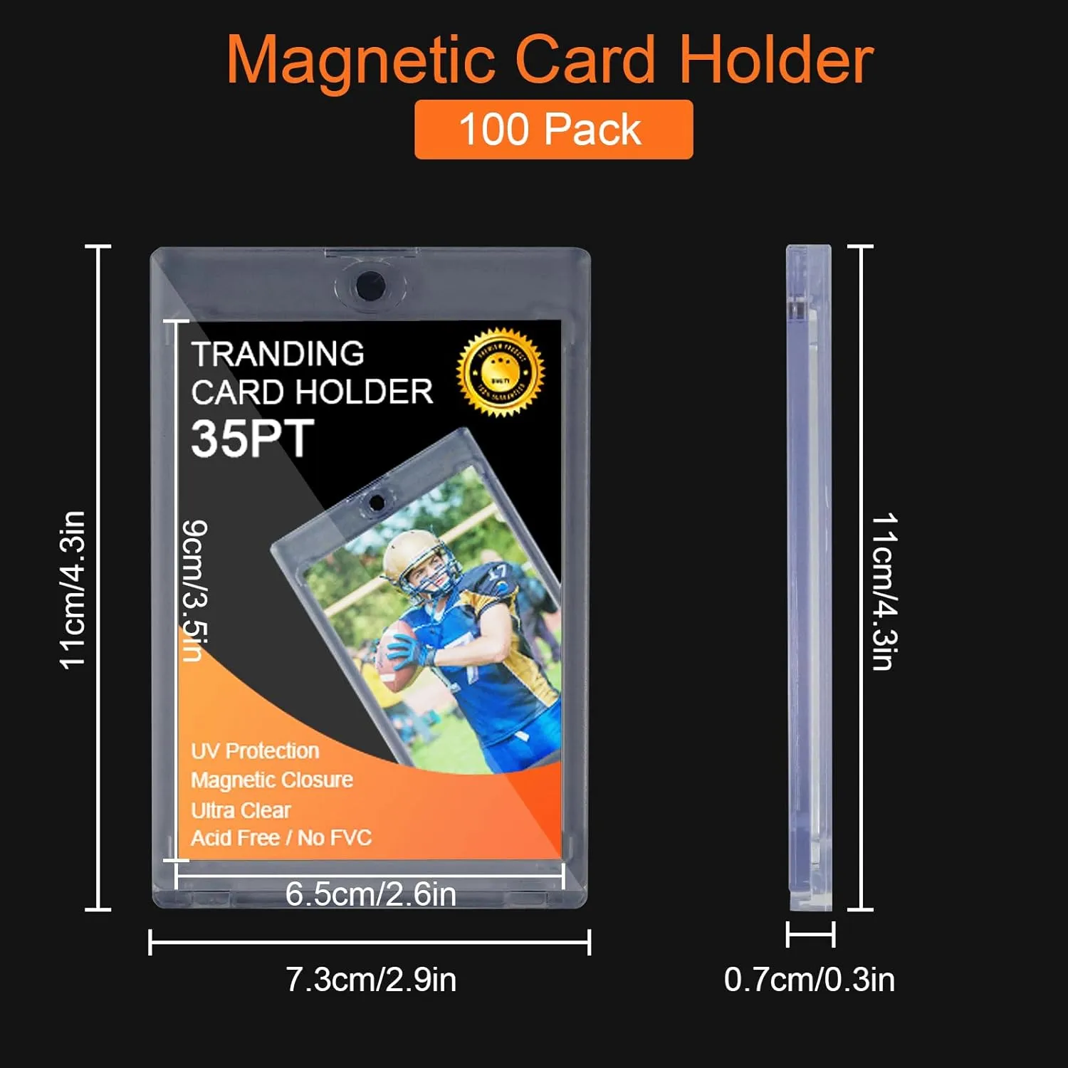 100ct Magnetic Card Holder for Trading Cards, 35 PT Clear Trading Card Sleeves, Hard Plastic Baseball Card Protectors, for Collectible, TCG, MTG, YUGIOH, Football, Sports Cards
