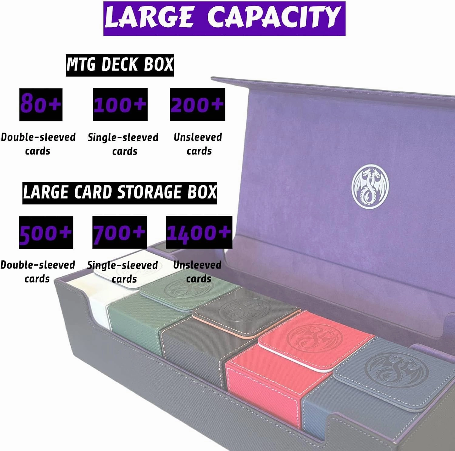 10 in 1 Deck Box Set,for 2400  Unsleeved Cards,Including Premium XLarge Trading Card Storage Box,5 PCS Deck Case Display,Gift Dice & Card Divider,Fit for MTG/TCG/Commander/Magic (Black & Purple Set)