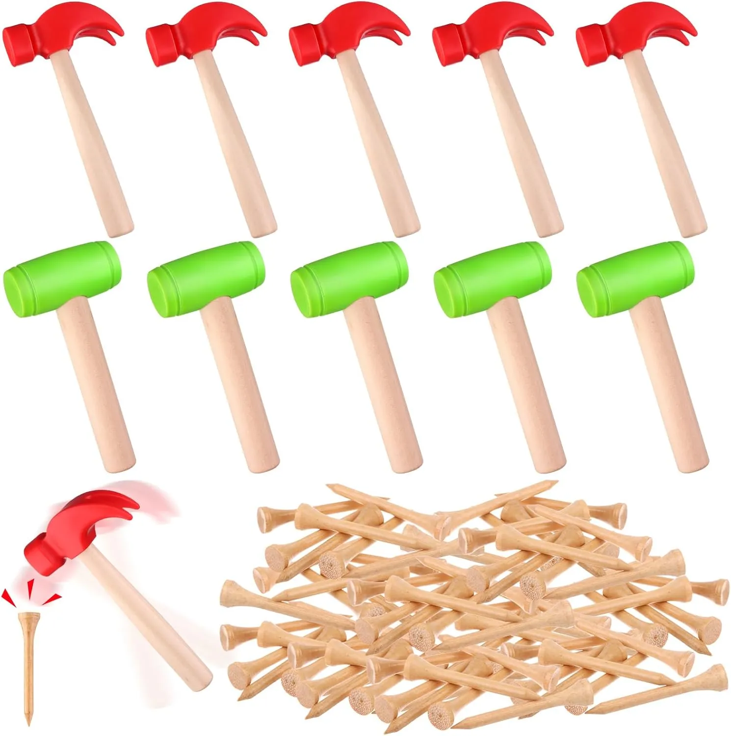 10Pcs Toy Hammer Set With 100Pcs Small Wooden Simulation Fake Maintenance Tools, Plastic Toddler Claw Hammer, Portable Pretend Play Mallet for Boys Girls