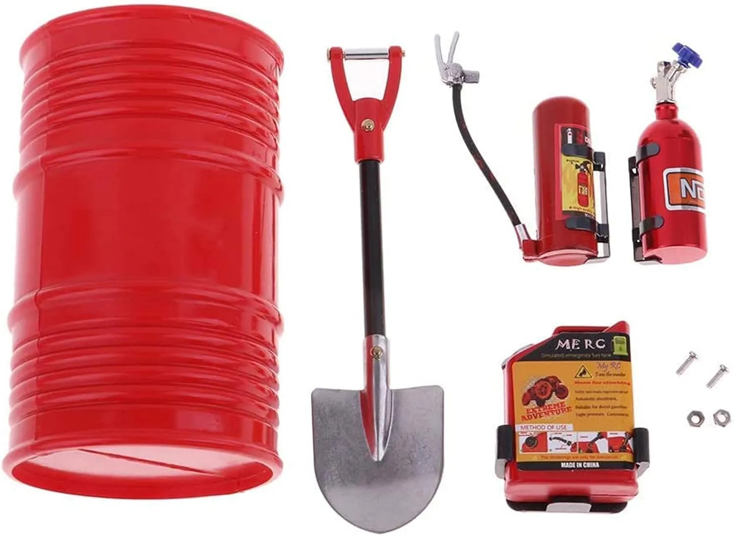 1/10 RC Crawler Decoration Simulated Mini Oil Drum Fuel Tank Nitrogen Cylinder Fire Extinguisher Shovel for 1:10 RC Car for TRX-4 TRX6 Axial SCX10 Vehicle Parts(Red)