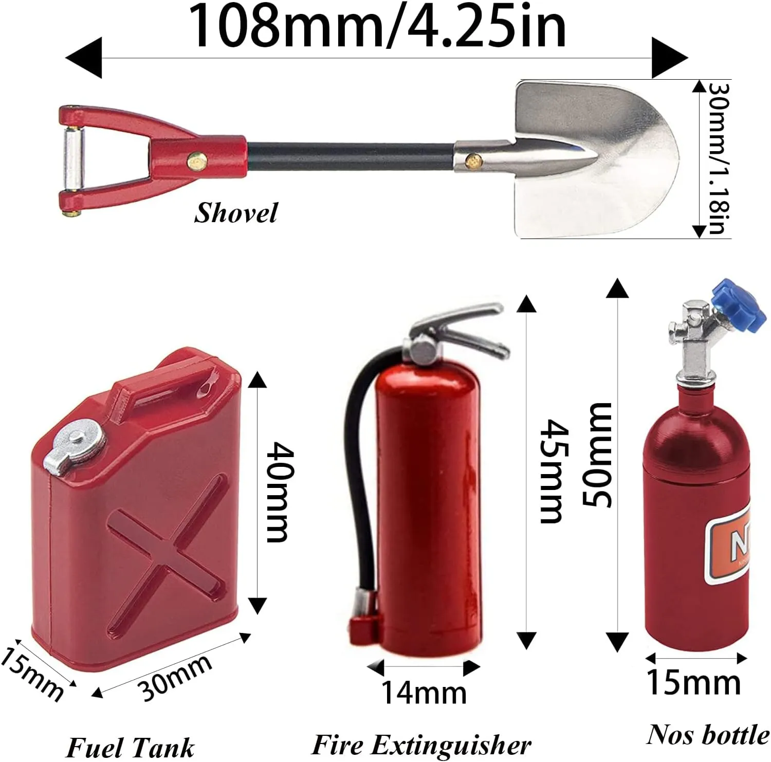 1/10 RC Crawler Decoration Simulated Mini Oil Drum Fuel Tank Nitrogen Cylinder Fire Extinguisher Shovel for 1:10 RC Car for TRX-4 TRX6 Axial SCX10 Vehicle Parts(Red)