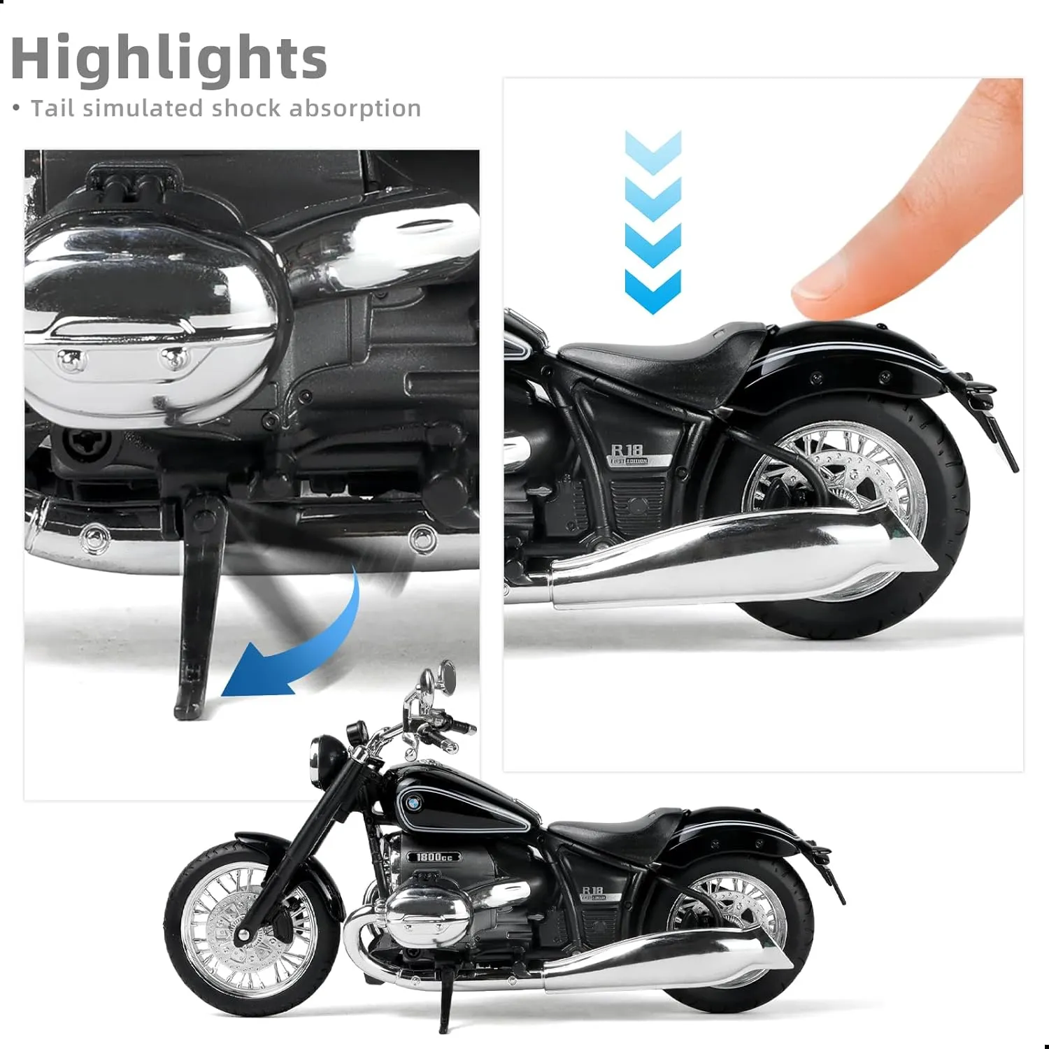 1/12 Motorcycle Model Toy for BMW R18 Alloy Die-cast Motorcycle Model for Welly No Assembly Required Mini Racing Moto Collection Gift for Adult （Black）