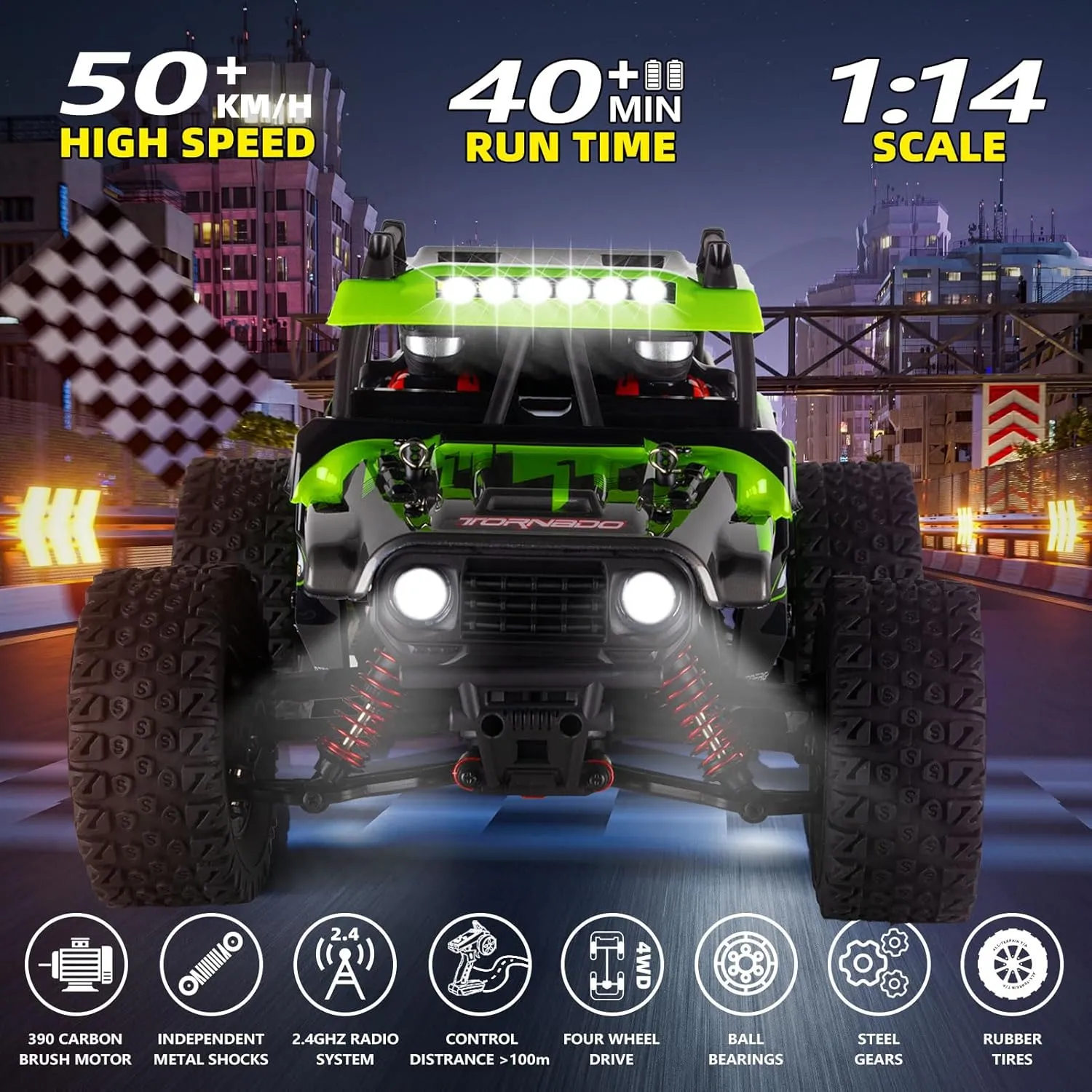 1:14 RC Cars Fast 50 KMH Remote Control Car 4X4 RC Truck for Kids Adults Boys 2.4 GHz All Terrains RC Dune Buggy Off-Road RC Monster Truck Short Course Car with 2 Batteries (Green)