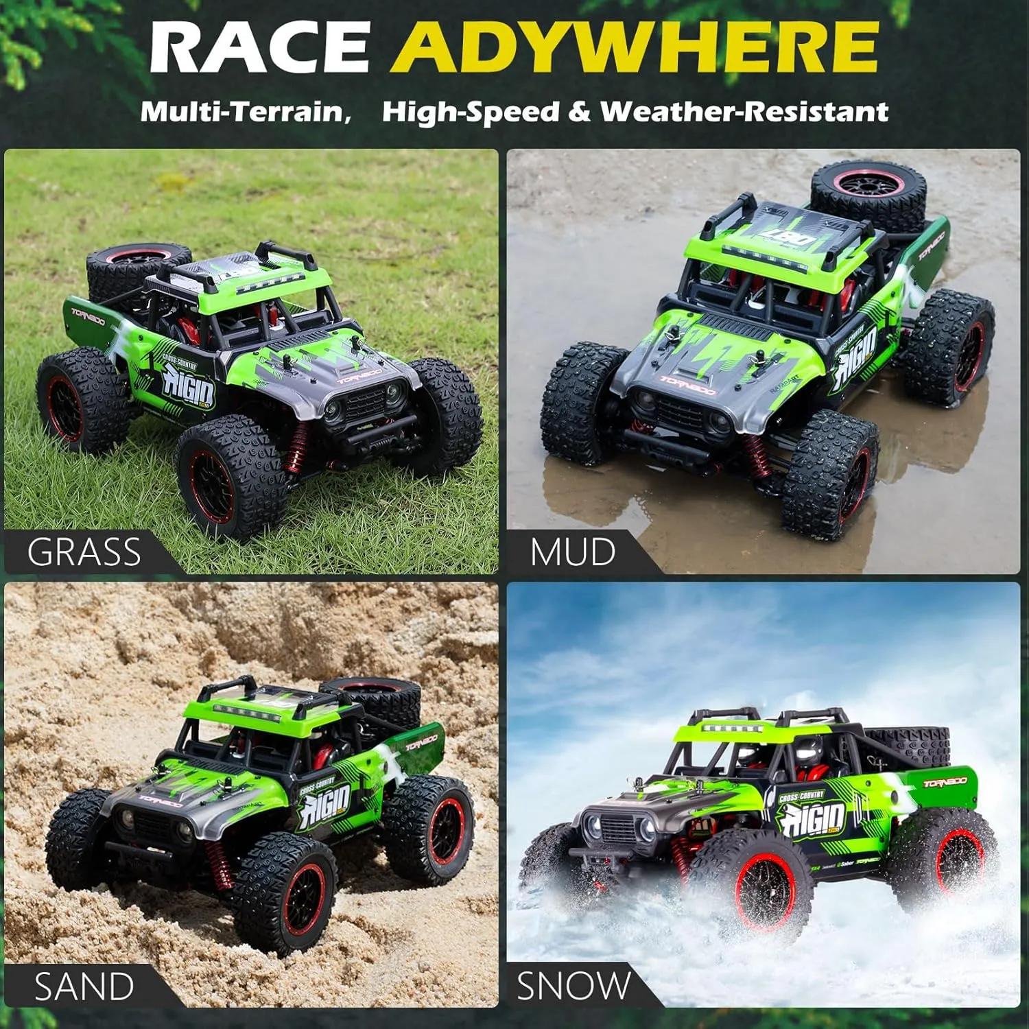 1:14 RC Cars Fast 50 KMH Remote Control Car 4X4 RC Truck for Kids Adults Boys 2.4 GHz All Terrains RC Dune Buggy Off-Road RC Monster Truck Short Course Car with 2 Batteries (Green)