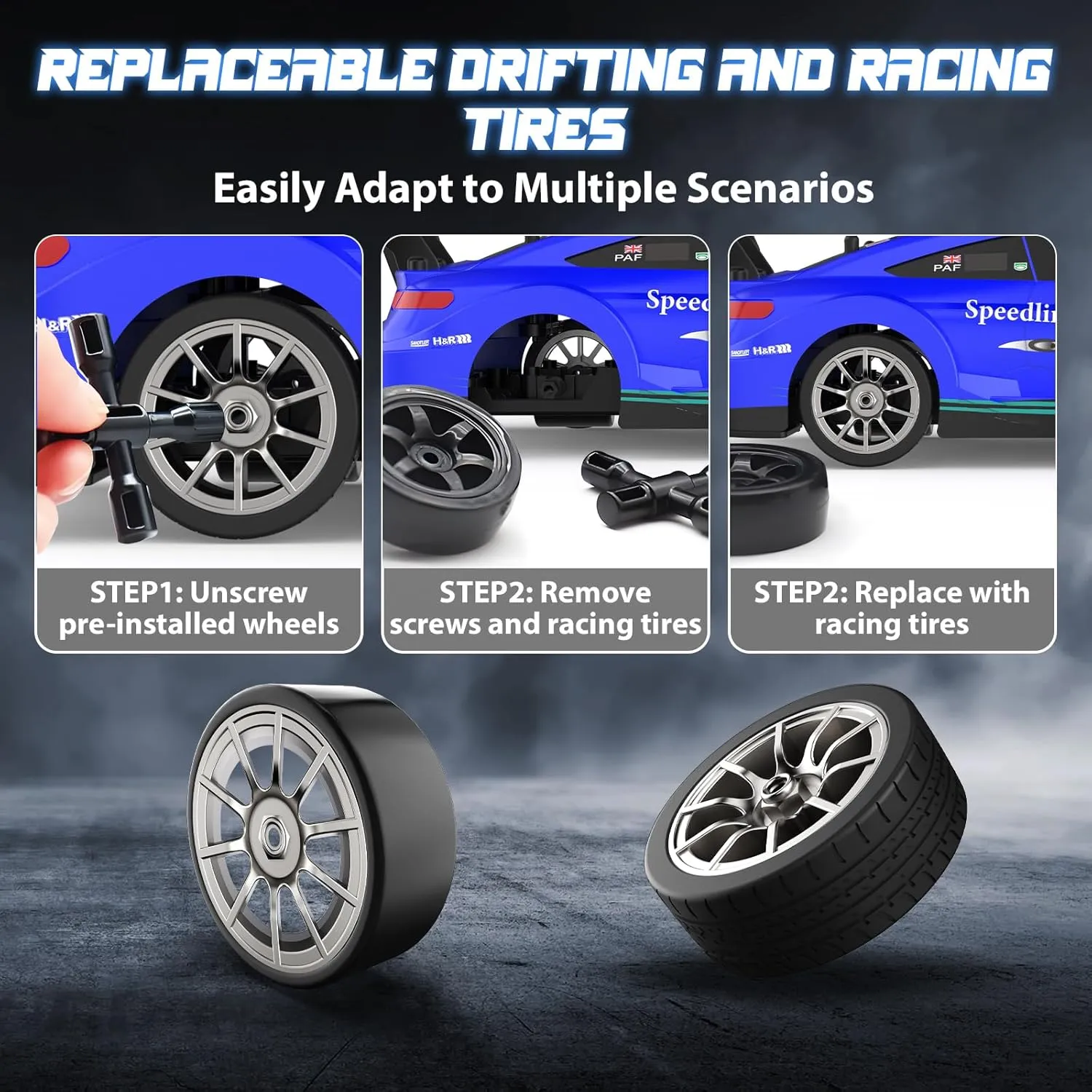 1/16 RC Drift Car, 2.4GHz 4WD Remote Control Drift Car, 30 KM/H High Speed Drift RC Cars with LED Lights 2 Batteries and Drift Tires Race Cars for Adults Boys Kids, Blue