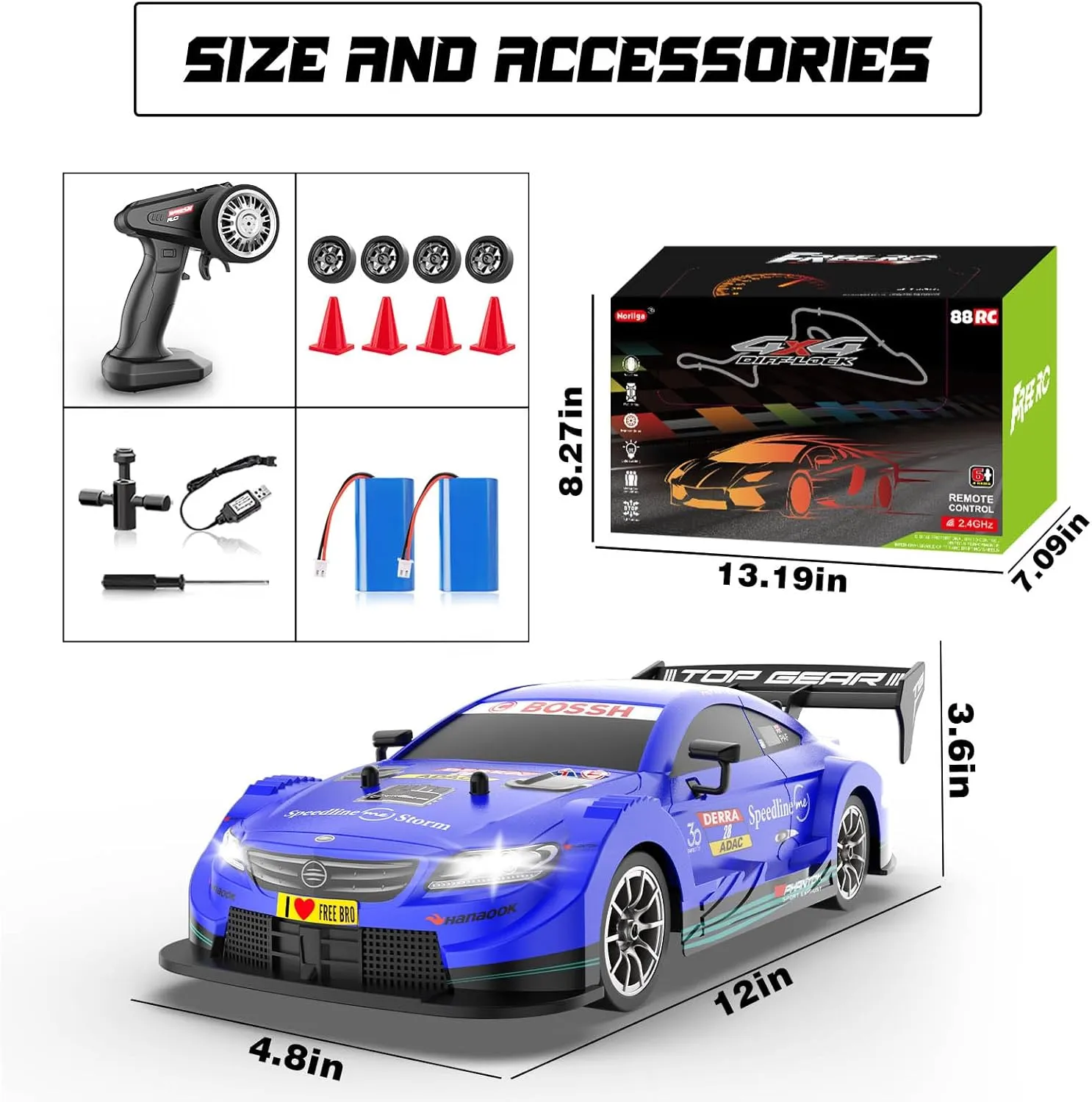 1/16 RC Drift Car, 2.4GHz 4WD Remote Control Drift Car, 30 KM/H High Speed Drift RC Cars with LED Lights 2 Batteries and Drift Tires Race Cars for Adults Boys Kids, Blue