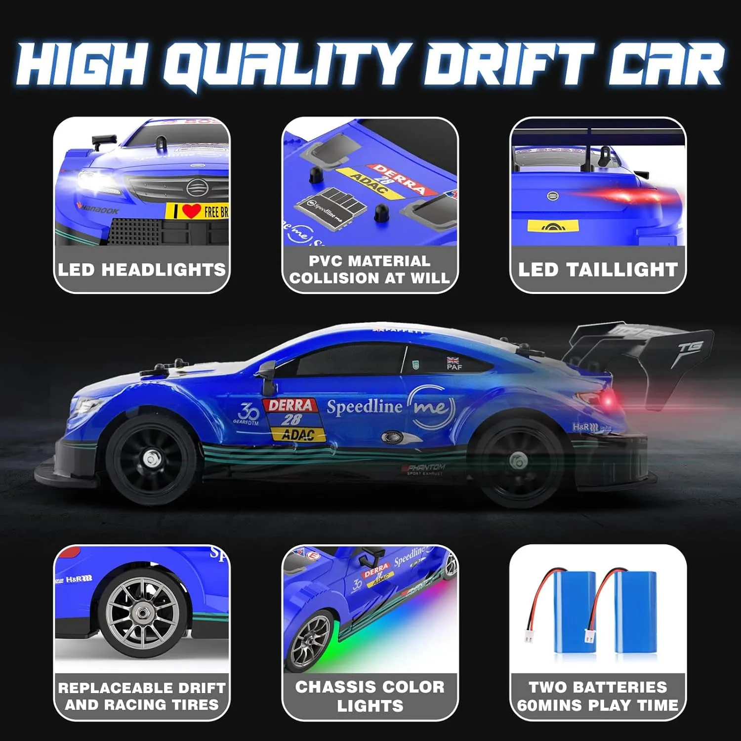 1/16 RC Drift Car, 2.4GHz 4WD Remote Control Drift Car, 30 KM/H High Speed Drift RC Cars with LED Lights 2 Batteries and Drift Tires Race Cars for Adults Boys Kids, Blue