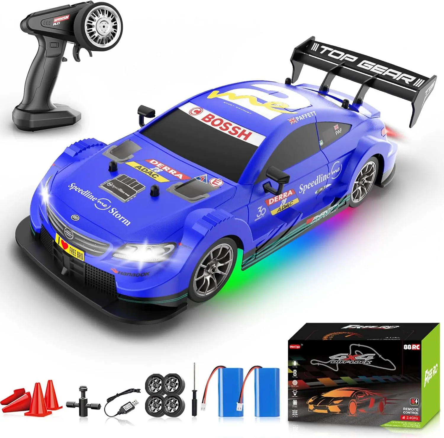 1/16 RC Drift Car, 2.4GHz 4WD Remote Control Drift Car, 30 KM/H High Speed Drift RC Cars with LED Lights 2 Batteries and Drift Tires Race Cars for Adults Boys Kids, Blue