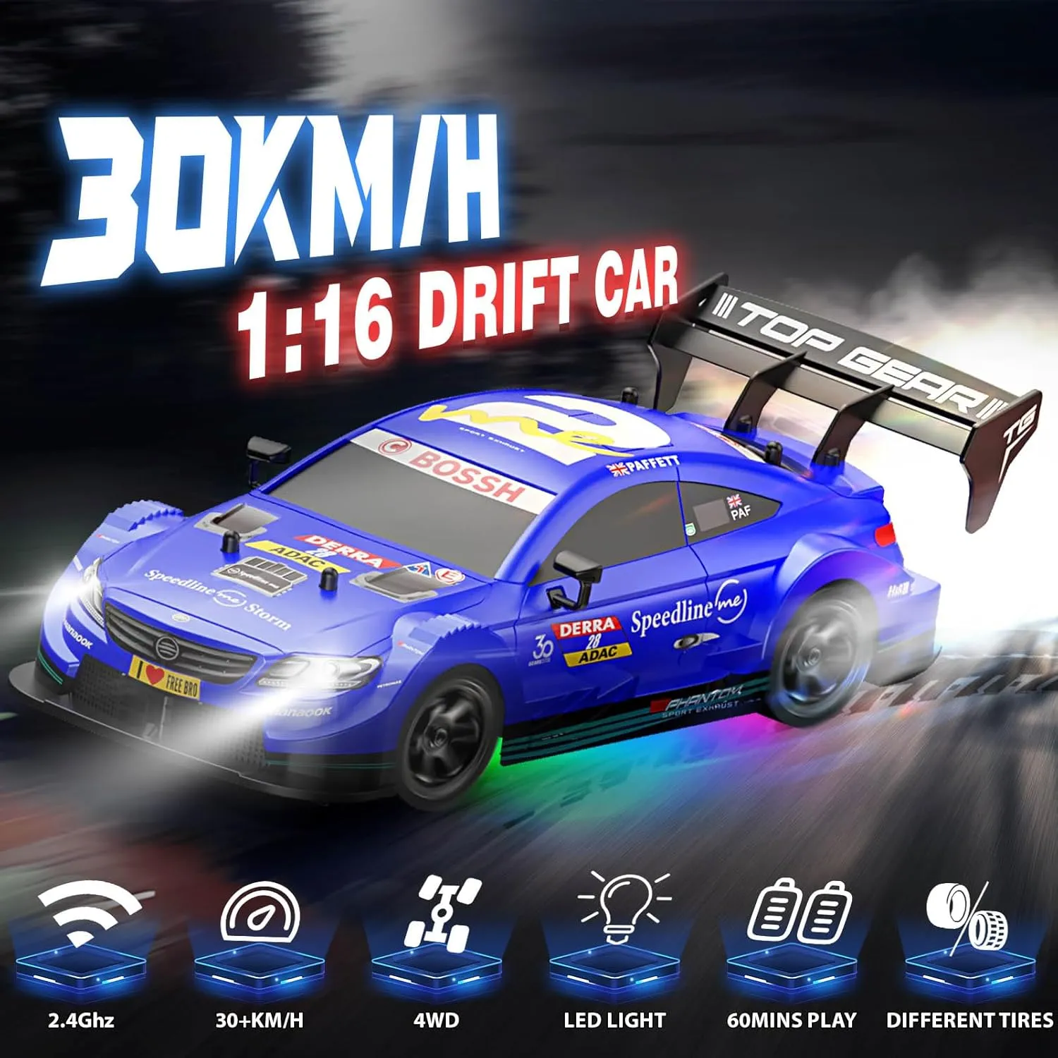 1/16 RC Drift Car, 2.4GHz 4WD Remote Control Drift Car, 30 KM/H High Speed Drift RC Cars with LED Lights 2 Batteries and Drift Tires Race Cars for Adults Boys Kids, Blue