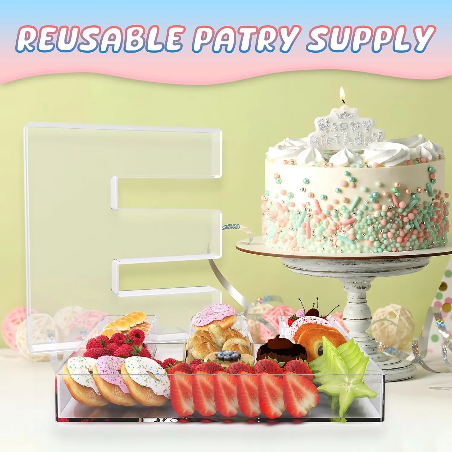11" Acrylic Letter Charcuterie Box, Reusable Fillable Alphabet Number Shaped Form Tray for Birthday Anniversaries, Party Decorative Serving Plates Display Candy Cake (E)